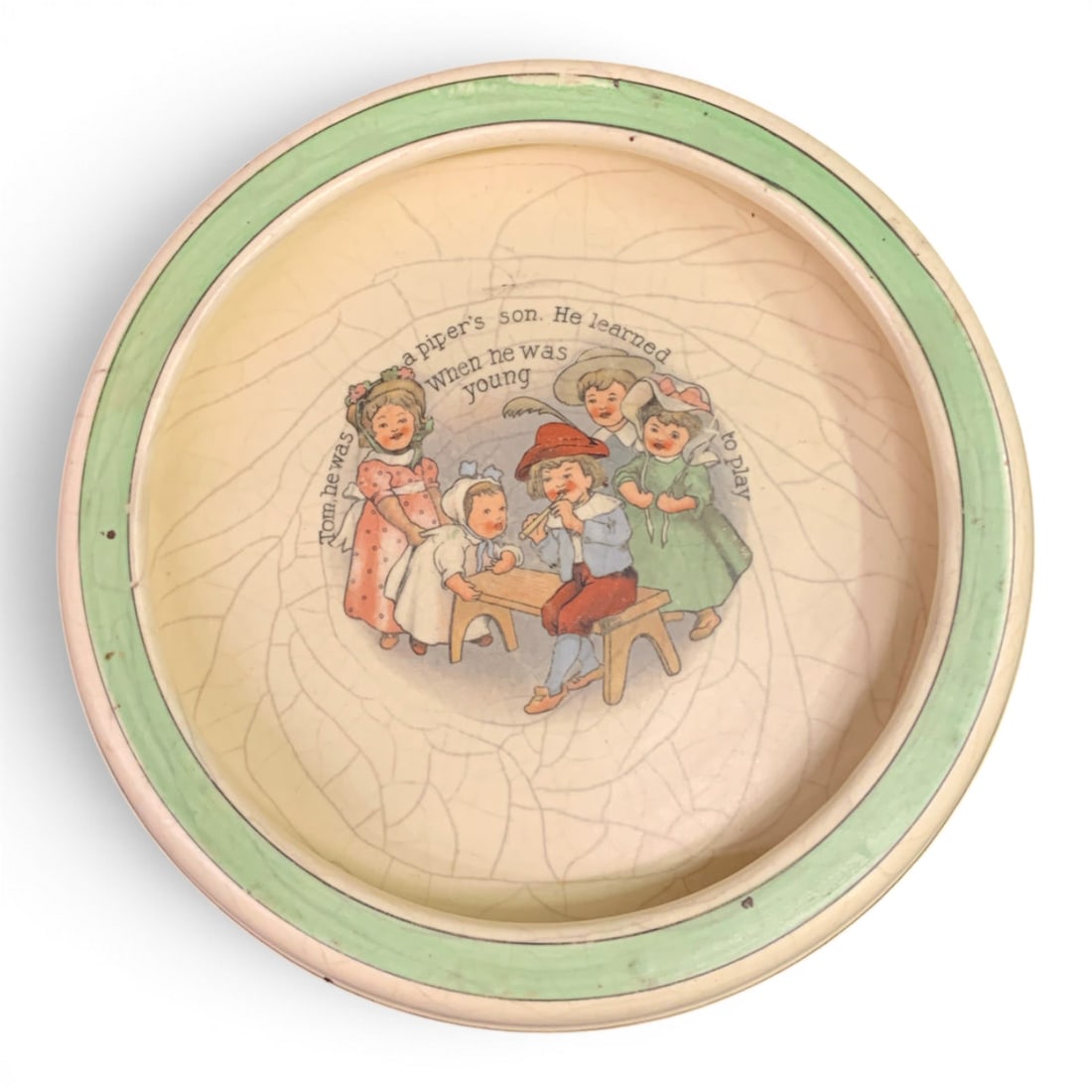 Roseville Tom Piper's Son Nursery Rhyme Bowl: Roseville Tom Piper's Son Nursery Rhyme Bowl With Green Trim 8 1/4" Diameter