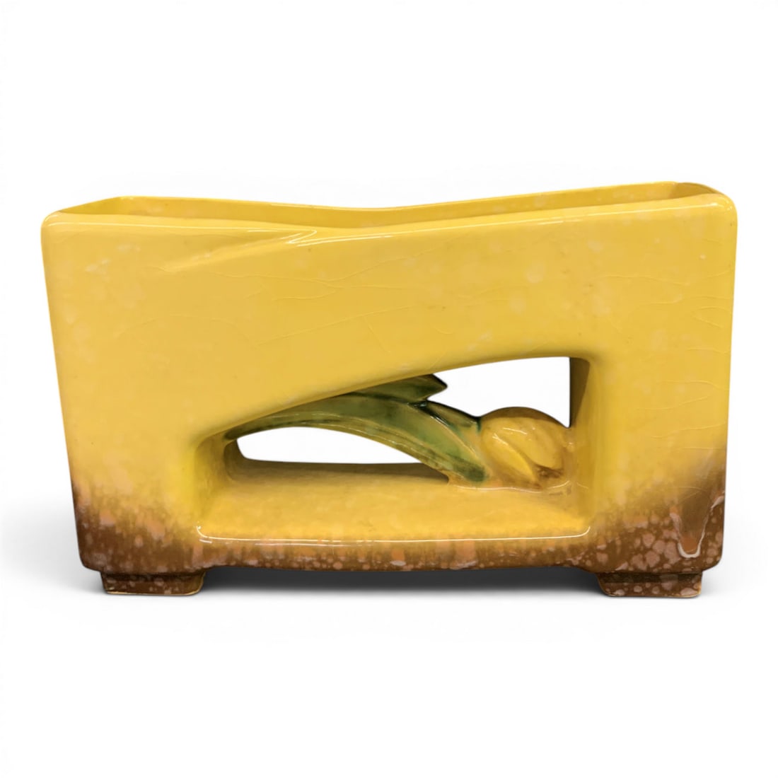 Vintage Roseville Artwood Pottery Planter: Vintage Roseville Artwood Pottery Planter Featuring A Vibrant Yellow & Brown Glaze With A Tulip DesignMarked On Bottom: Roseville Usa, 1056-1010 5/8" Long