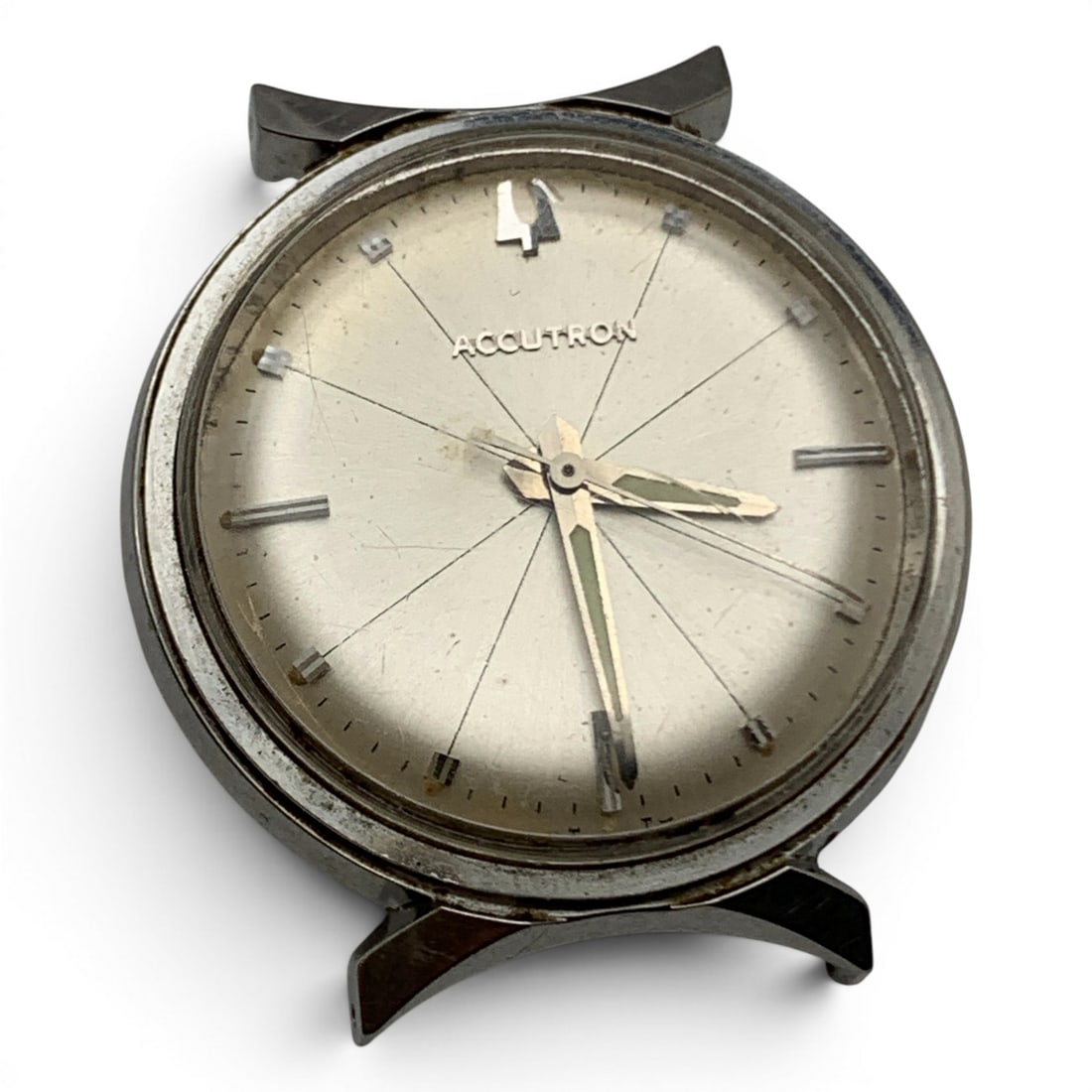 Vintage Accutron Silver Tone Watch: Vintage Accutron Silver Tone Watch Marked On Face: AccutronMarked On Back: Bulova, Stainless Steel, 1-4972861 5/8" Long - 1 1/4" Face Diameter