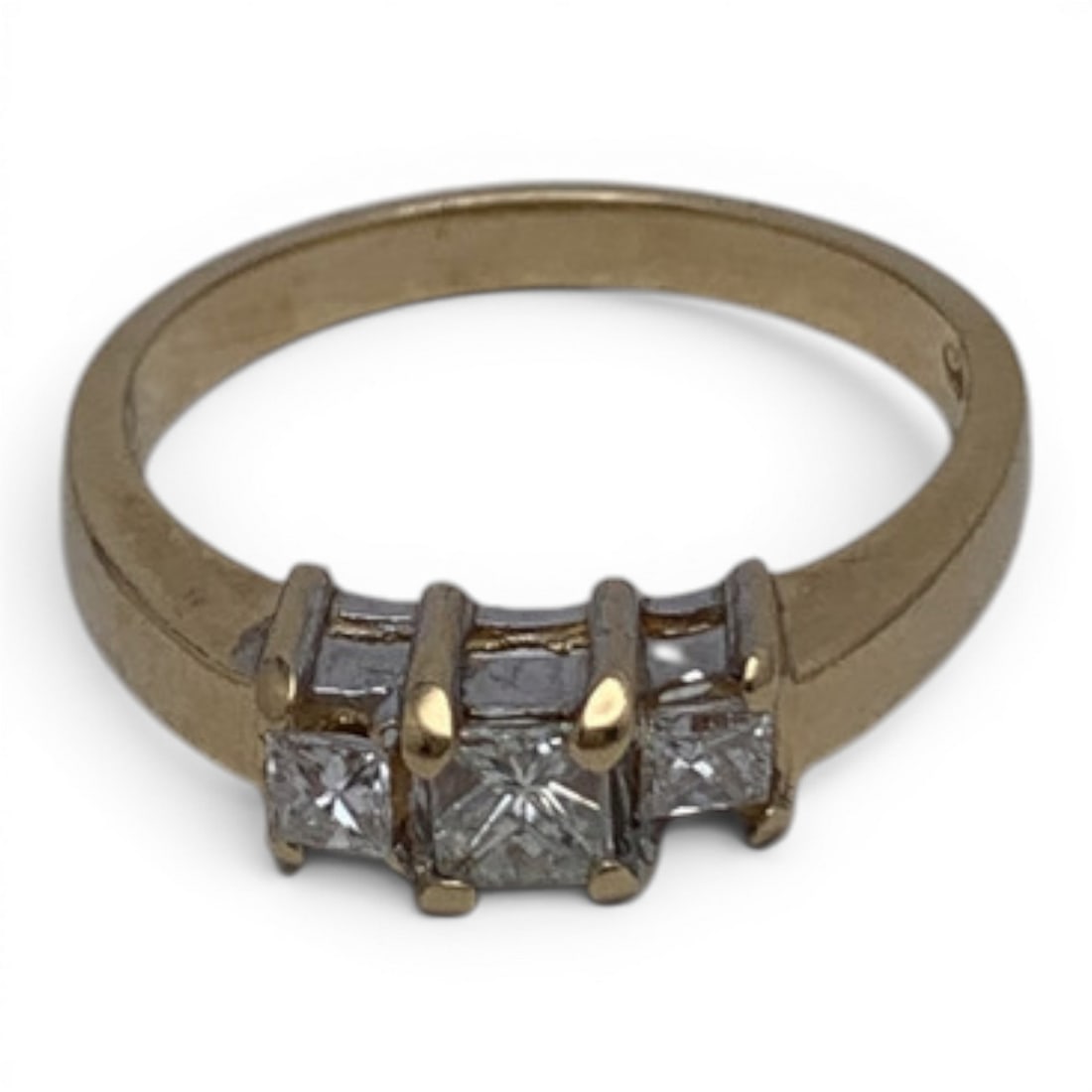 Vintage Sterling Silver & Diamond Ring: Vintage 14k Yellow Gold Ring Featuring A Prominent Center Set Princess Cut Diamond Approx. 0.43ct Flanked By Two Princess Cut Diamonds Approx. 0.12ct Each.Marked: 14k - Size 8 - 2.7 DwtGemstones