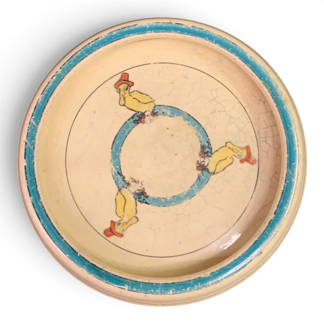 Vintage Roseville Creamware Child's Dish: Vintage Roseville Creamware Child's Dish Featuring A Teal Striped Border And Ducks In Hats8" Diameter