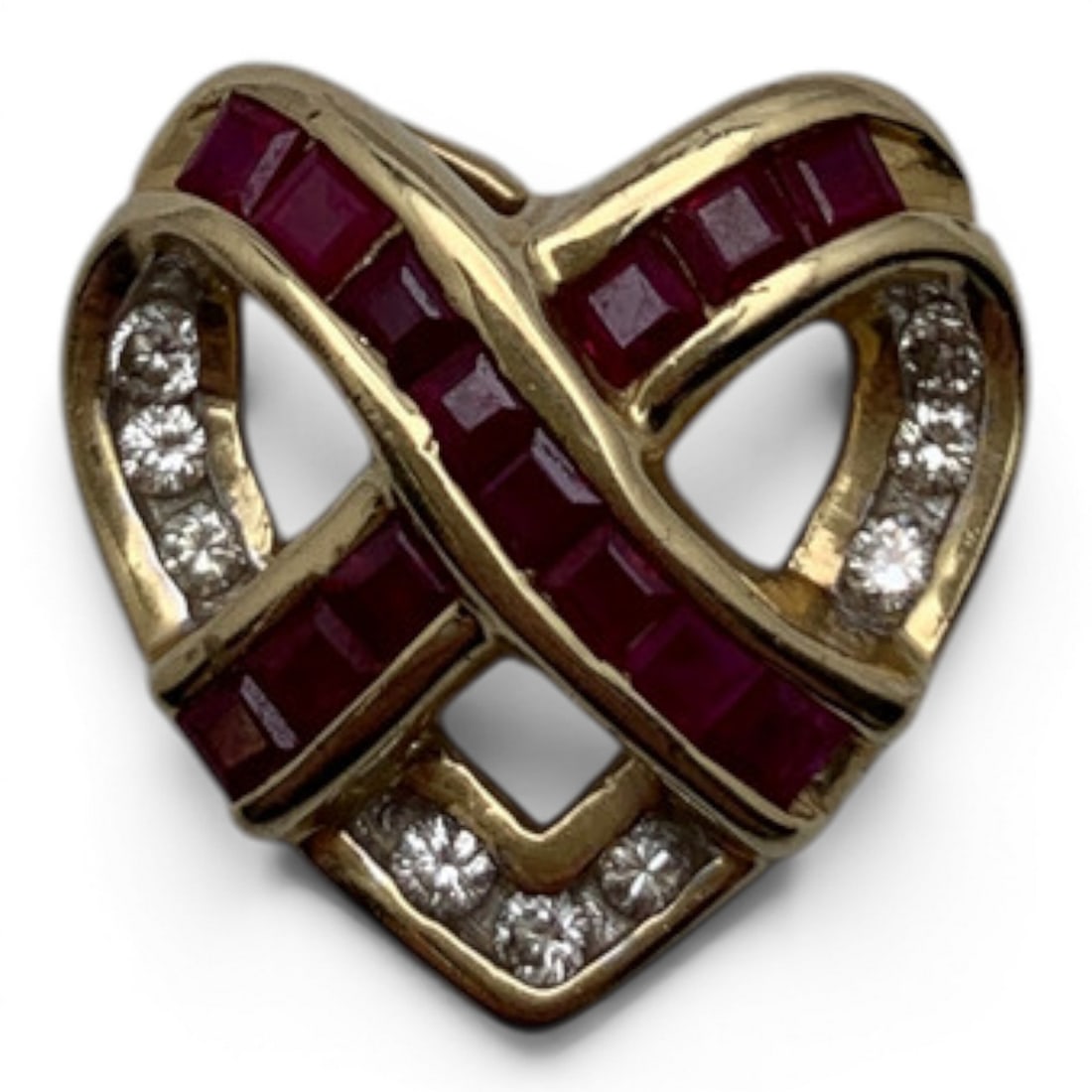 14k Yellow Gold Diamond & Ruby Heart Pendant: 14k Yellow Gold Pendant With A Heart Design Featuring 14 Princess Cut Pink Ruby Gemstones Set In A Criss Cross Pattern & 9 Round Cut Diamonds Approx. 0.03ct EachMarked: 14k - 5/8" Long - 2.4 DwtGemsto