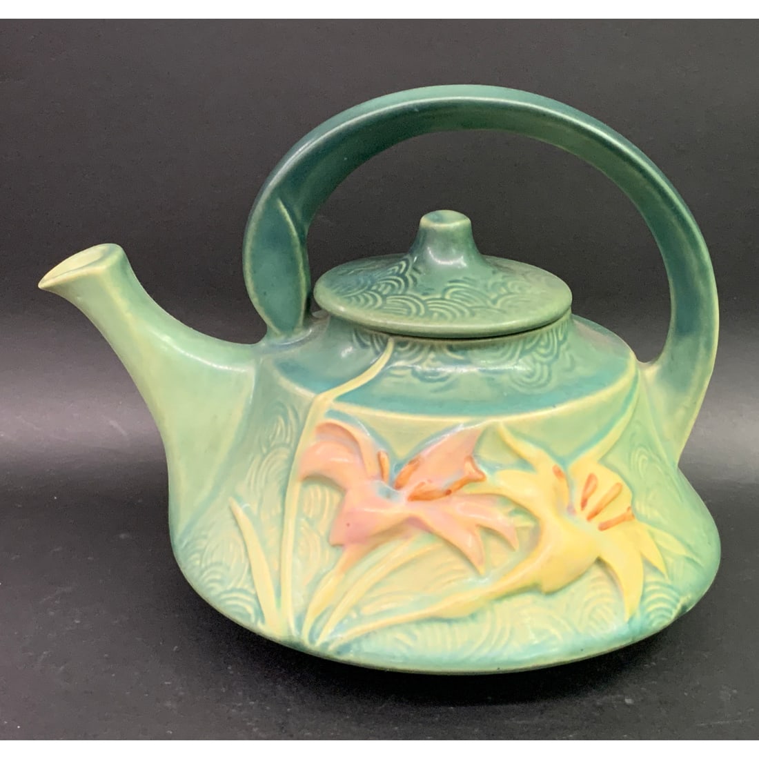 Vintage Roseville Zephyr Lily Pottery Teapot: Vintage Roseville Zephyr Lily Pottery Teapot Featuring A Green Glaze With Molded Pink & Yellow Lilies Marked On Bottom: Roseville Usa7" Tall