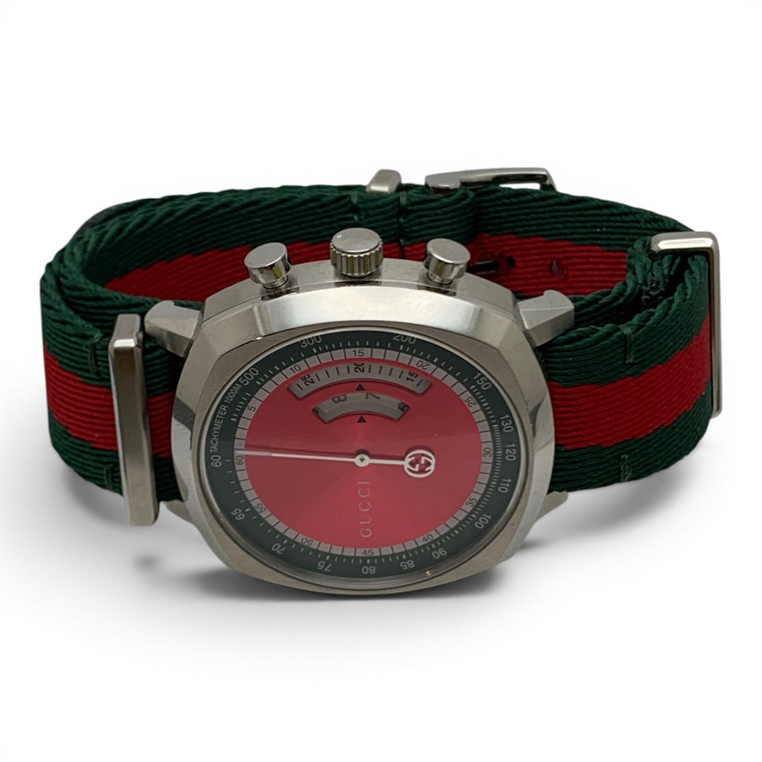 Vintage Gucci Grip Chronograph Watch: Vintage Gucci Grip Chronograph Watch Marked On Face: GucciMarked On Back: Stainless Steel, Swiss Made, 183105491 1/2" Face Diameter - 10 1/8" Long