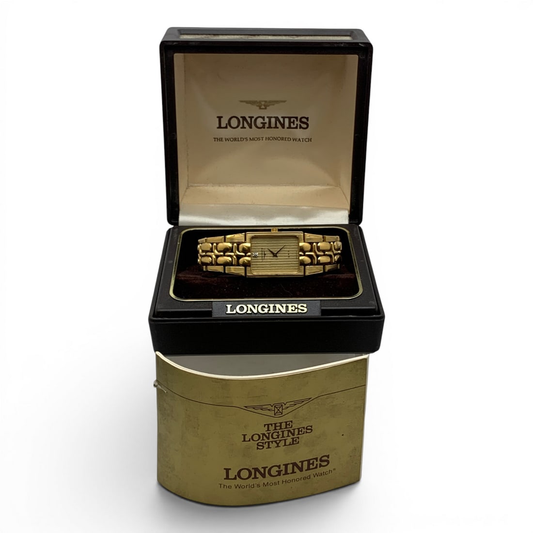 Vintage Longines Q W R Diamond Dial Wrist Watch: Vintage Longines Q W R Diamond Dial Wrist Watch Marked On Face: Longines, Q W R, SwissMarked On Back: Base Metal7/8" Face Diameter - 7 5/8" Long Includes Original Box