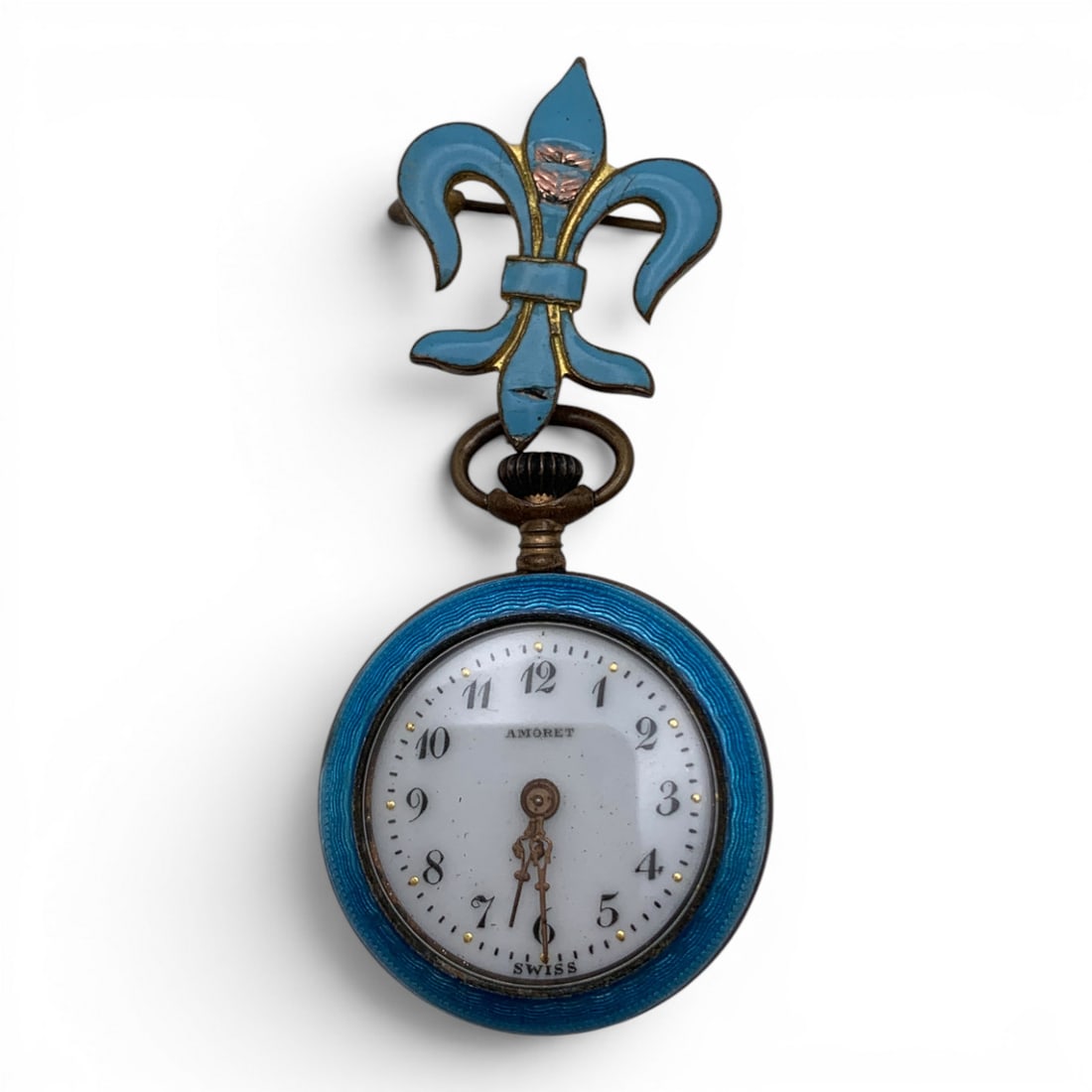 Amoret 1 Jewel Enameled Pocket Watch Pin: Amoret Pocket Watch Featuring A Blue Enameling CasingMarked On Face: AmoretMarked On Back Case: Hirosch SwissMarked On Movement: One Jewel, Hirosch, Swiss2 1/2" Long