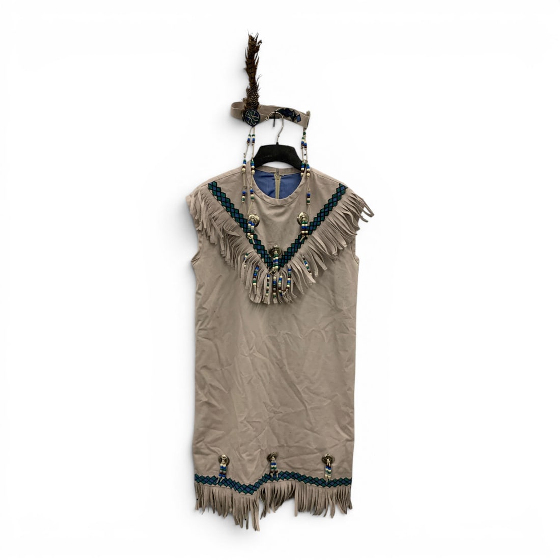 Native American Costume With Beaded Decoration: Decorative Native American Dress And Headdress. Dress Measures Approx. 41" Long, Matching Headdress.
