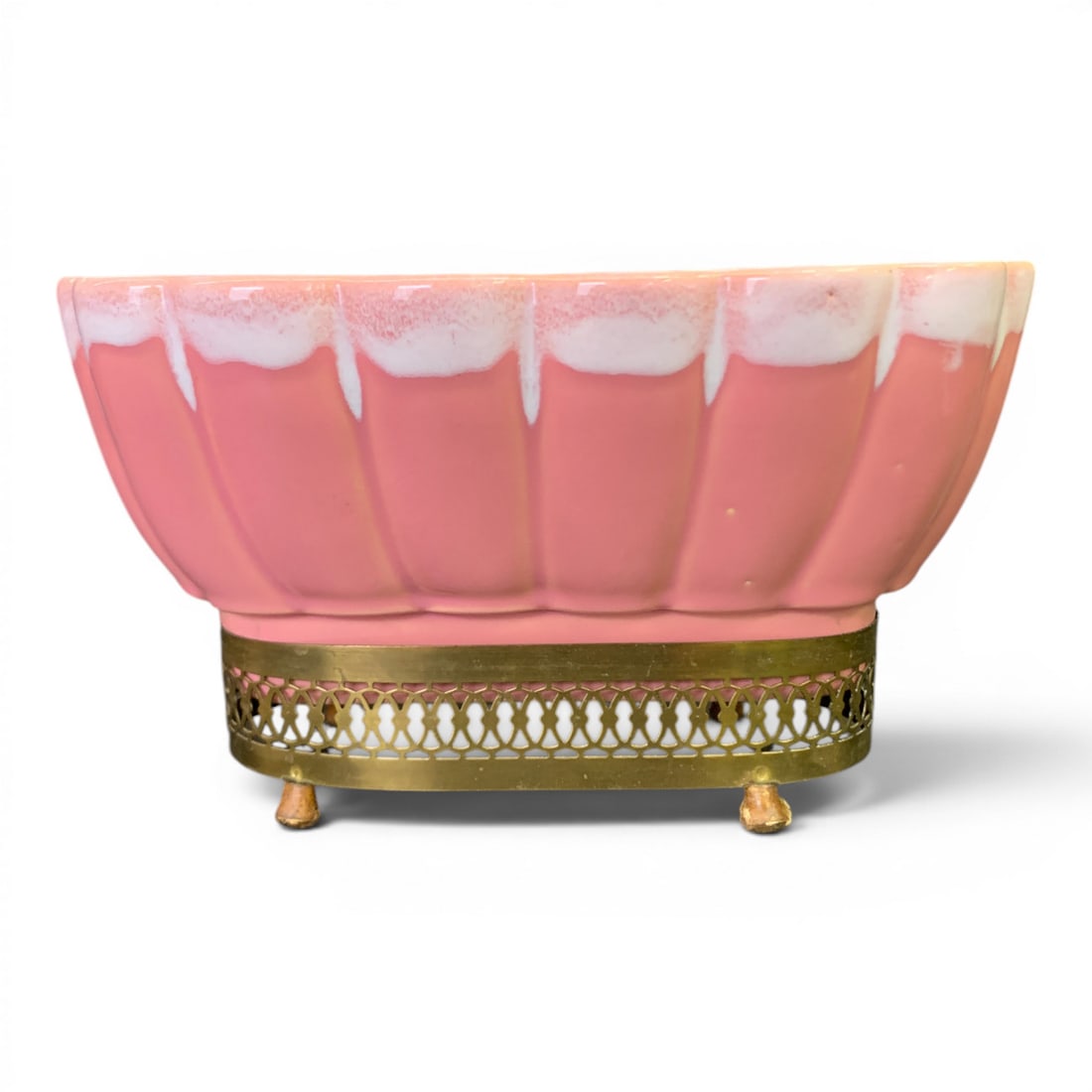 Vintage Roseville Pink Pasadena Planter: Vintage Roseville Pink Pasadena Planter With A White Drip Glaze And A Brass Metal BaseMarked On Bottom: Roseville, L 34, Pasadena Planter Usa8 1/8" Long - 4 5/8" Tall