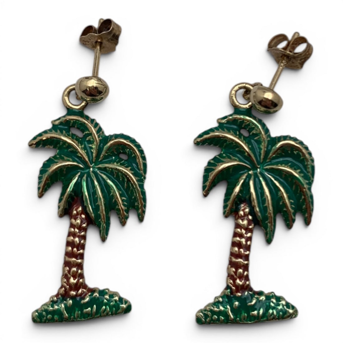 Pair Of 14k Yellow Gold Enamel Palm Tree Earrings: Pair Of 14k Yellow Gold Earrings With An Enameled Palm Tree DesignMarked: 14k - 1 1/4" Long - 3.1 Dwt