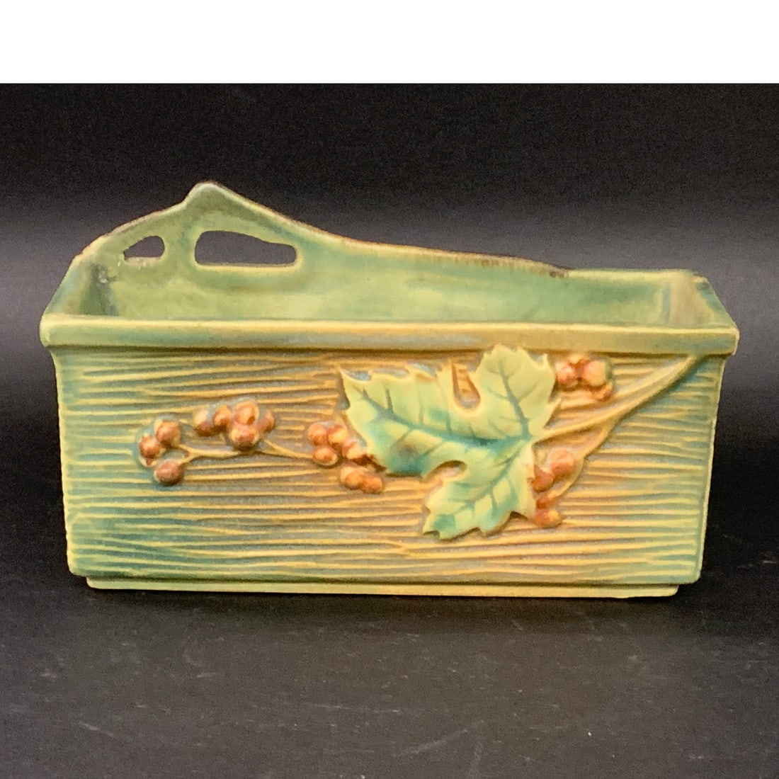 Roseville Green Bushberry Window Box Planter: Roseville Green Bushberry Window Box Planter Featuring A Textured Green Background With Embossed BranchesMarked On Bottom: Roseville Usa, 383-66 5/8" Long
