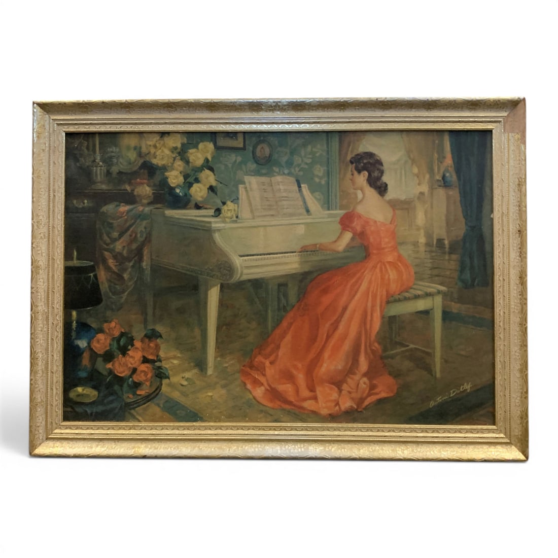 Framed Oil On Canvas Of Woman Playing Piano: Framed Oil On Canvas Of Woman Playing Piano26 1/4" X 38"