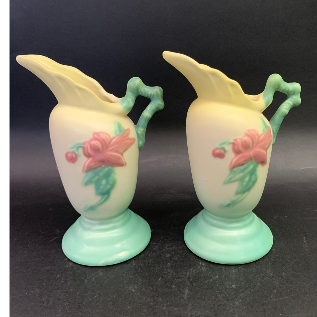 Vintage Hull Woodland Pottery Ewer: Vintage Hull Woodland Pottery Ewer Featuring A Yellow And Mint Green Glaze With A Floral Design Marked On Bottom: Hull Usa, W3-5 1/26 1/8" Tall