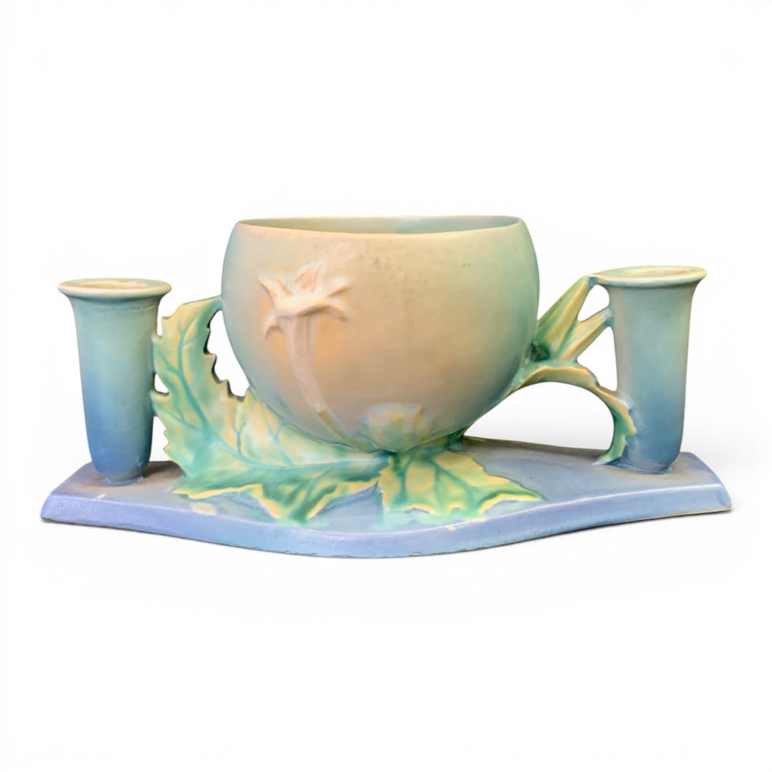 Roseville Thornapple Pottery Centerpiece: Roseville Pottery Thornapple Centerpiece In Blue Featuring Attatched Candelstick HoldersMarked On Bottom: Roseville, 31310 5/8" Long