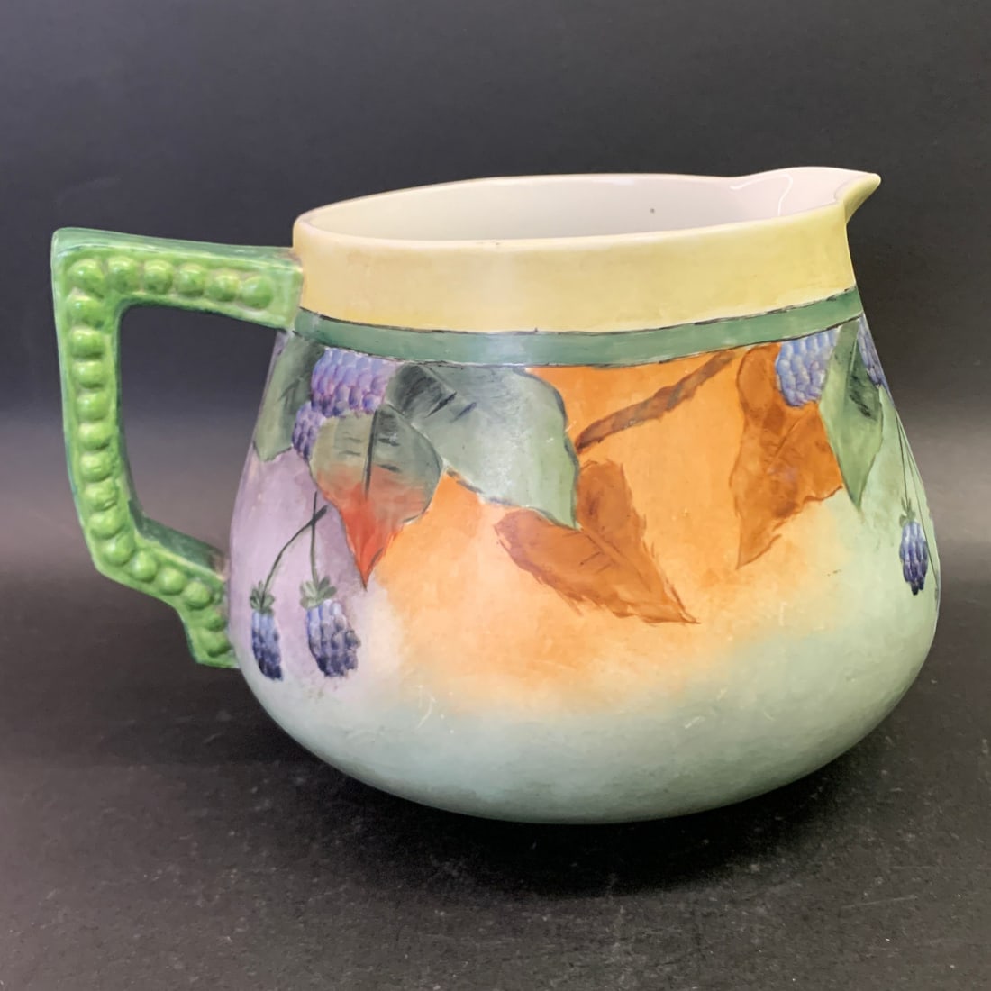Vintage Porcelain Hand Painter Jug: Vintage Porcelain Hand Painter Jug Featuring Fruit Motifs 6 1/4" Tall