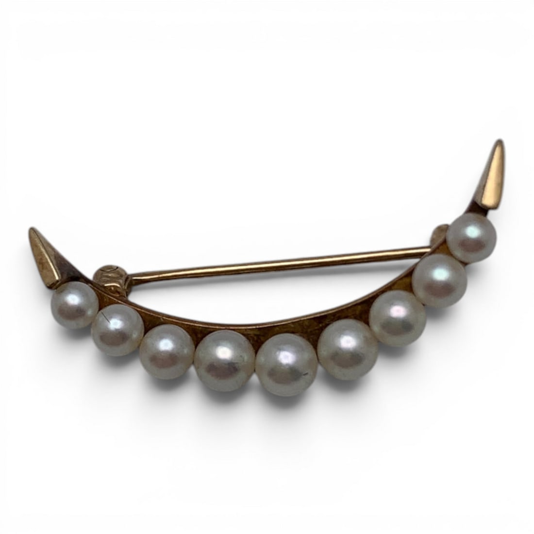 14k Yellow Gold & White Pearl Pin: 14k Yellow Gold Pin With A Crescent Moon Design Featuring 9 White PearlsTests 14k - 1" Long - 0.9 Dwt