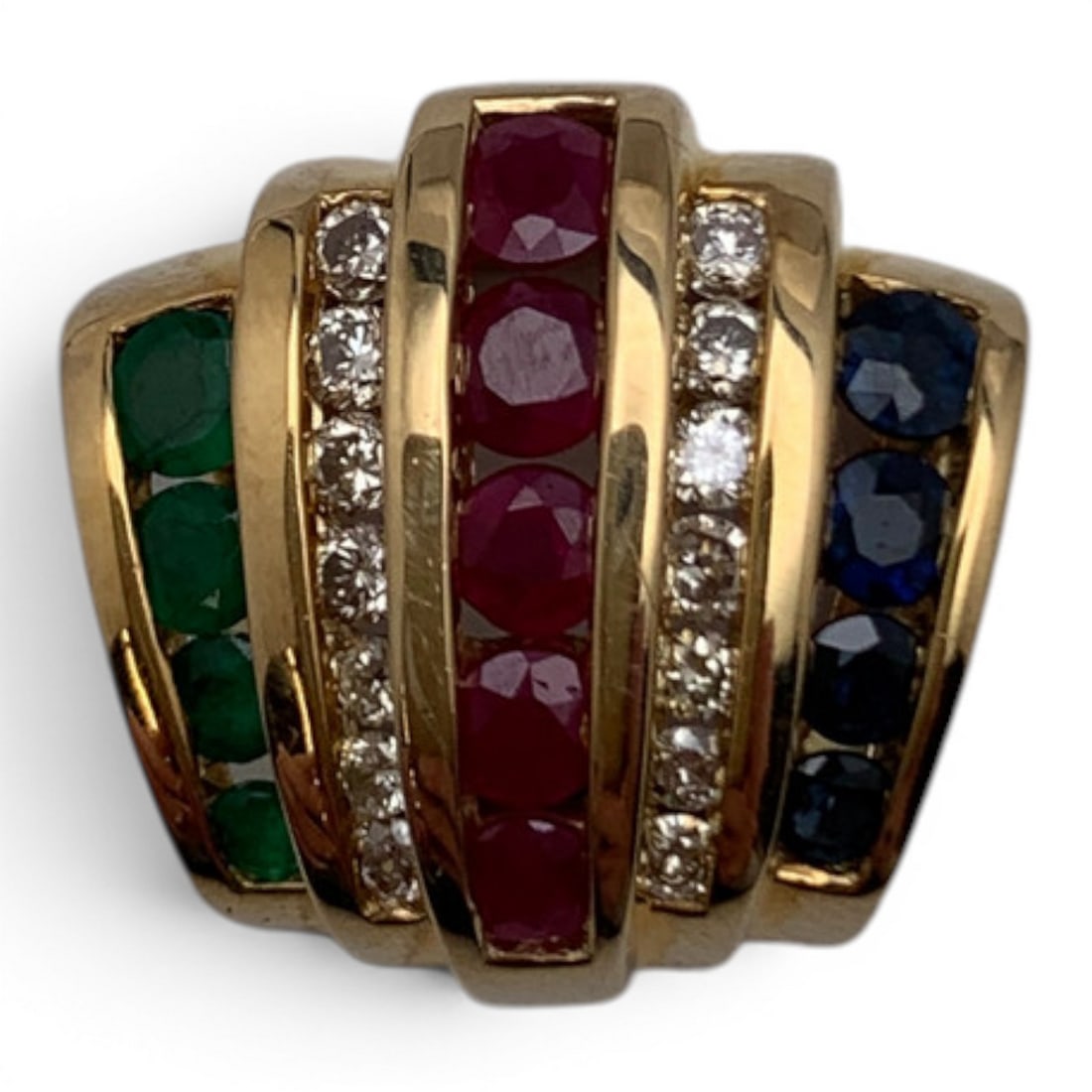 14k Yellow Gold & Diamond "big 3" Pendant: 14k Yellow Gold " Big 3" Pendant Featuring 14 Round Cut Diamonds, 5 Round Cut Pink Rubies, 4 Round Cut Blue Sapphires & 4 Round Cut Green Emeralds Set In RowsMarked: 14k - 5/8" Long - 2.7