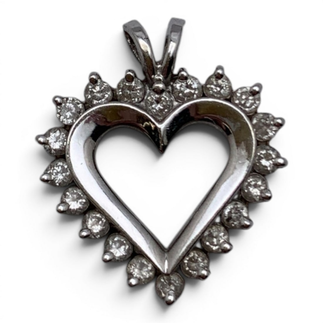 14k White Gold & Diamond Heart Pendant: 14k White Gold Pendant With A Heart Design Featuring 20 Round Cut Diamonds Approx. 0.05ct EachMarked: 14k - 1" Long - 2.6 DwtGemstones Tested With Presidium Gem Tester Il - Berners Does Not Guarantee