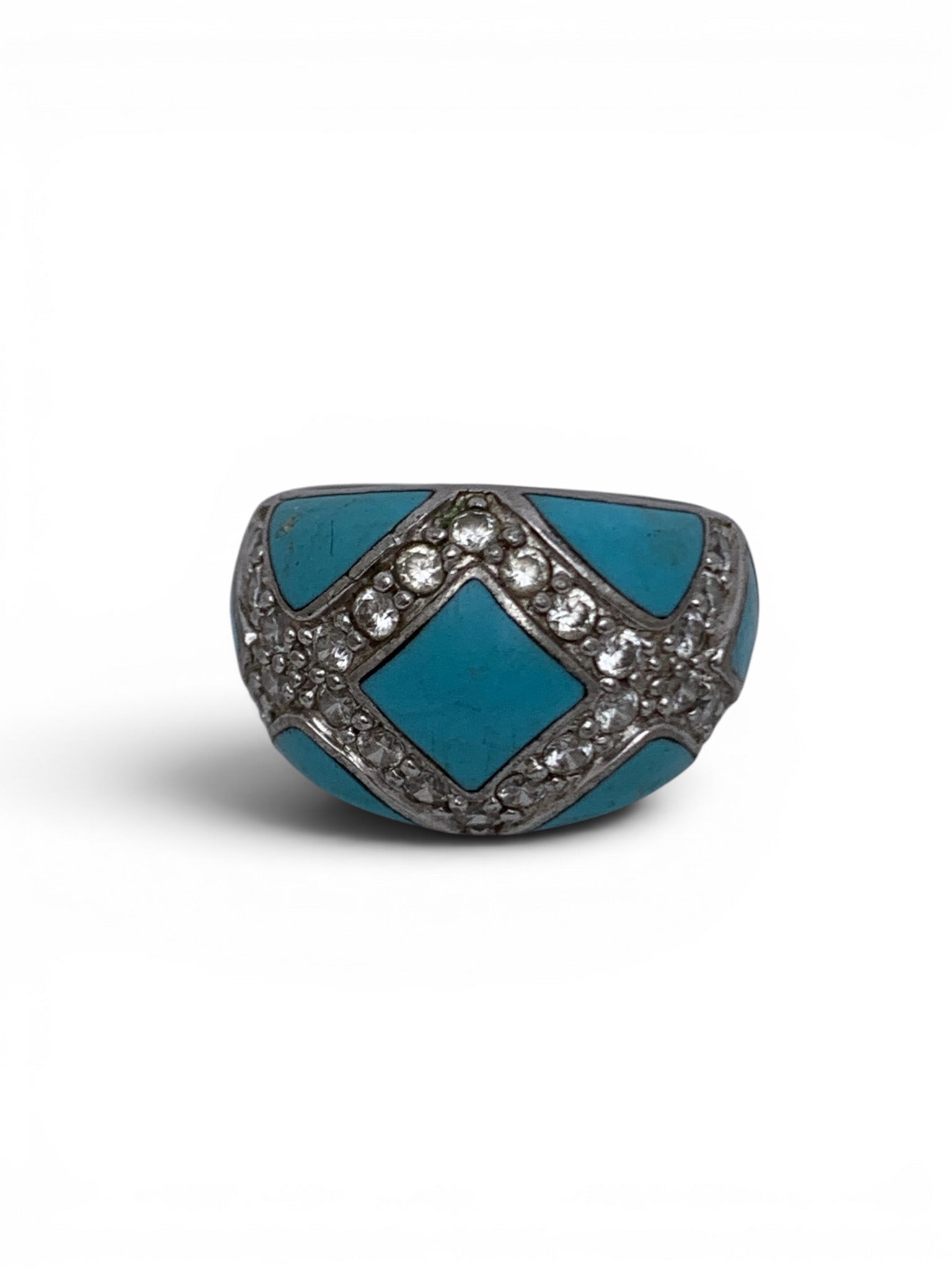 Sterlign Silver Cubic Zirconia & Blue Stone Ring: Vintage Sterling Silver Ring Featuring Inlaid Blue Stones & Clear Cubic Zirconia Marked 925 Cz - Size 6 - 8.6 Grams