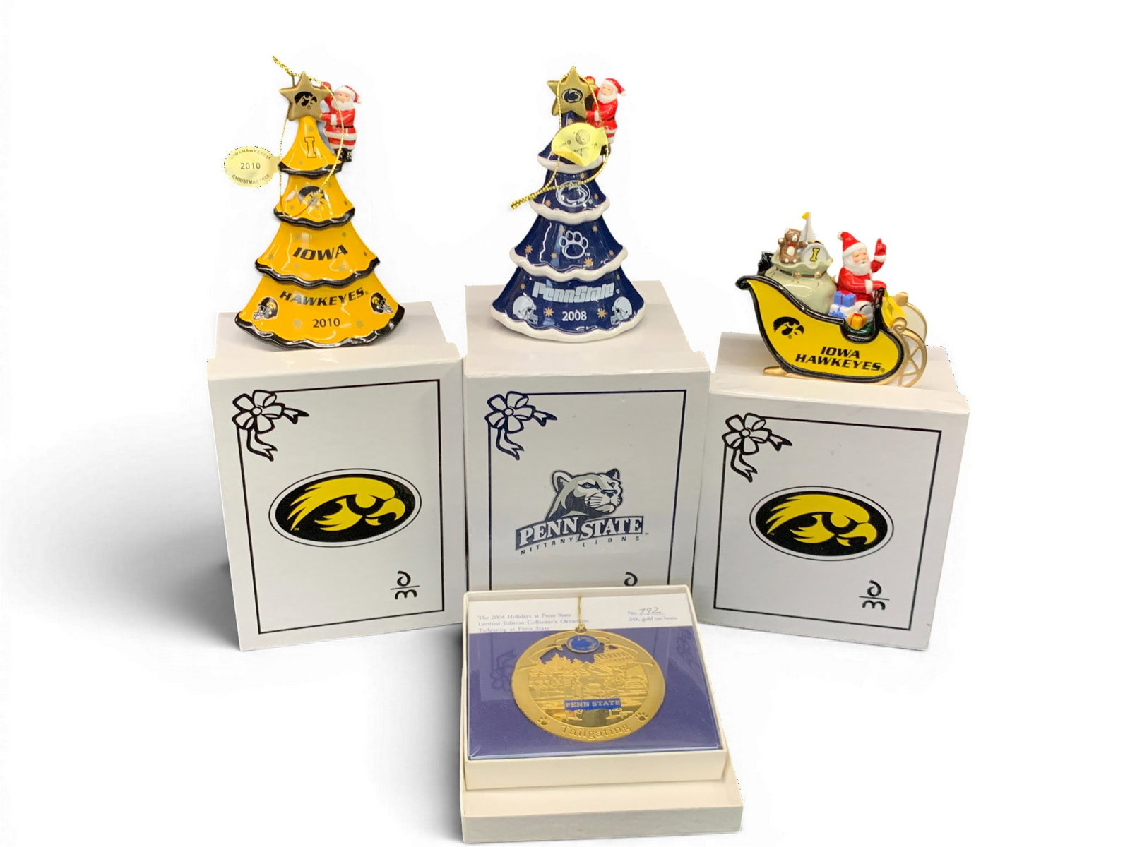4 College Ornaments: 2 Penn State Nittany Lions Ornaments Including 1 24k Gold On Brass Ornament & 2 Iowa Hawkeyes Ornaments See Photos