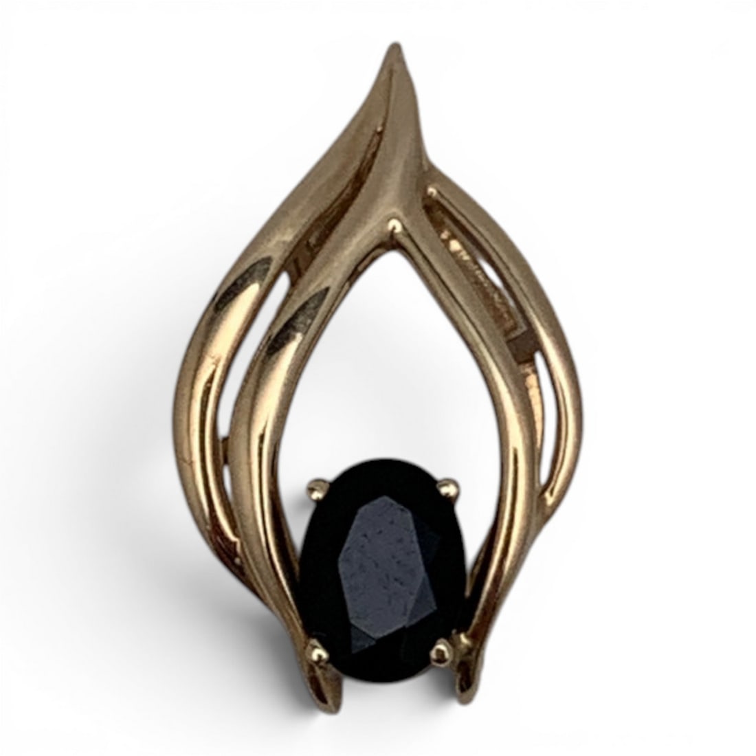 Vintage 14k Yellow Gold & Dark Stone Pendant: Vintage 14k Yellow Gold Pendant With An Open Work Design Featuring 1 Oval Cut Dark GemstoneMarked: 14k - 1" Long - 1.9 DwtGemstones Tested With Presidium Gem Tester Il - Berners Does Not Guarantee