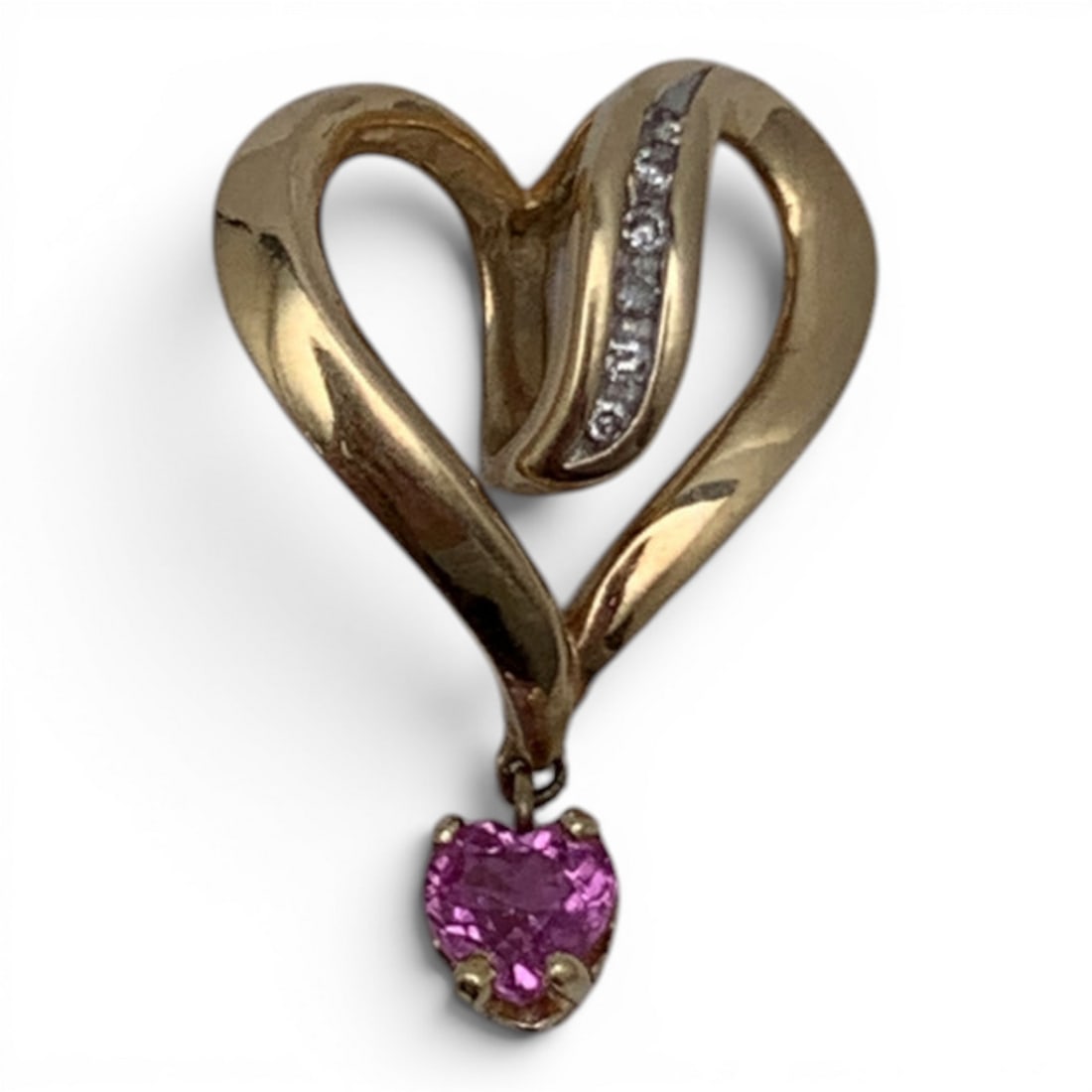 14k Yellow Gold Diamond & Sapphire Heart Pendant: 14k Yellow Gold Pendant With A Heart Design Featuring A Heart Shaped Pink Sapphire Gemstone & 6 Round Cut Diamonds Approx. 0.02ct EachMarked: 14k - 7/8" Long - 2.3 DwtGemstones Tested With Presidium