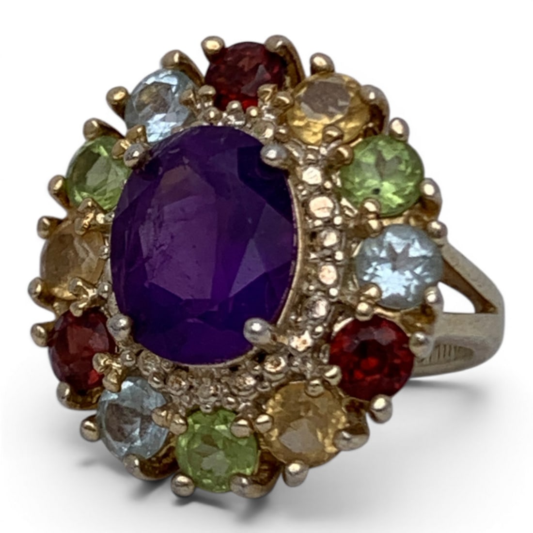 Vintage Sterling Silver & Colored Stone Ring: Vintage Sterling Silver Ring Featuring Colored Stones Marked 925 - Size 4.5 - 5.9 Grams