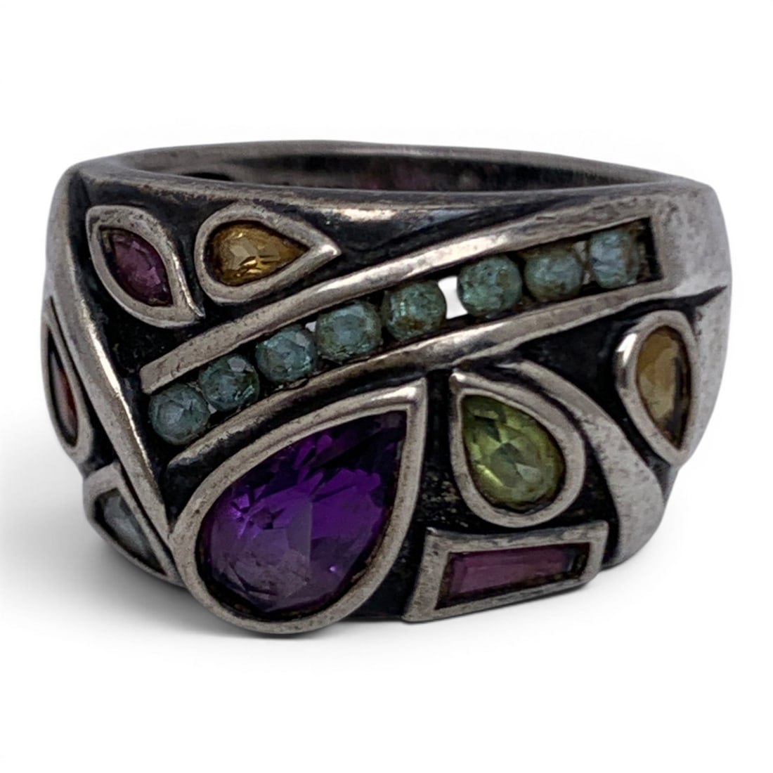 Vintage Sterling Silver & Colored Stone Ring: Vintage Sterling Silver Ring Featuring Colored Stones Marked 925 - Size 8 - 8.0 Grams