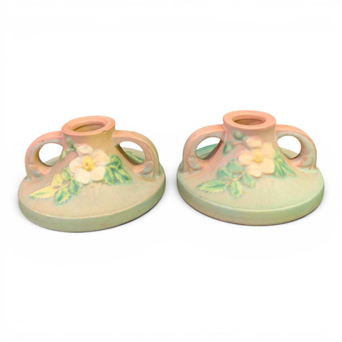 Pair Of Roseville White Rose Candle Holders: Pair Of Roseville White Rose Pottery Candle HoldersMarked On Bottom: Roseville Usa, 11412 1/4" Tall