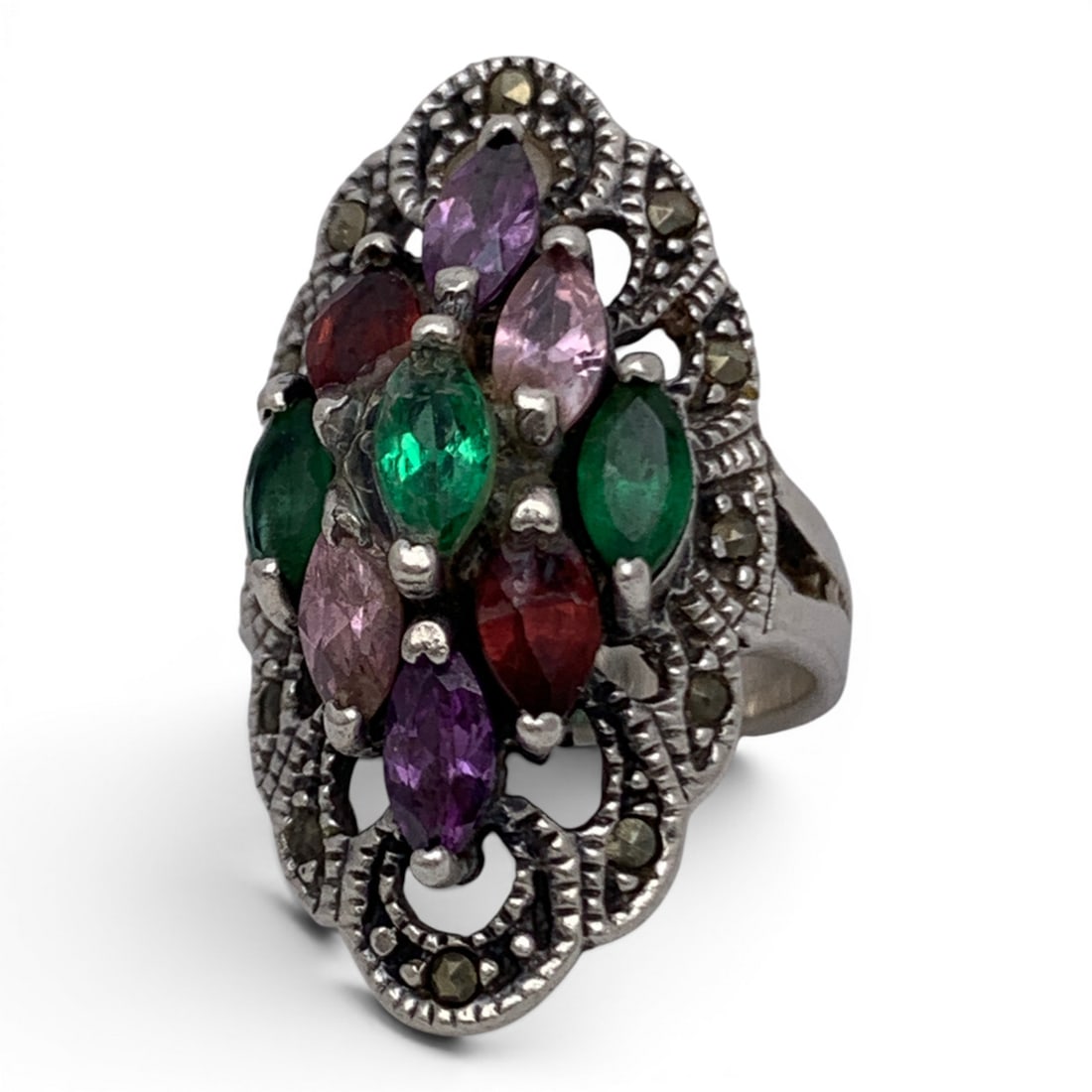 Sterling & Marcasite Ring With Colored Stones: Sterling Silver Ring Featuring Colored Stones Set In The Middle Surrounded By Marcasite Stones Marked 925 - Size 4.75 - 8.7 Grams