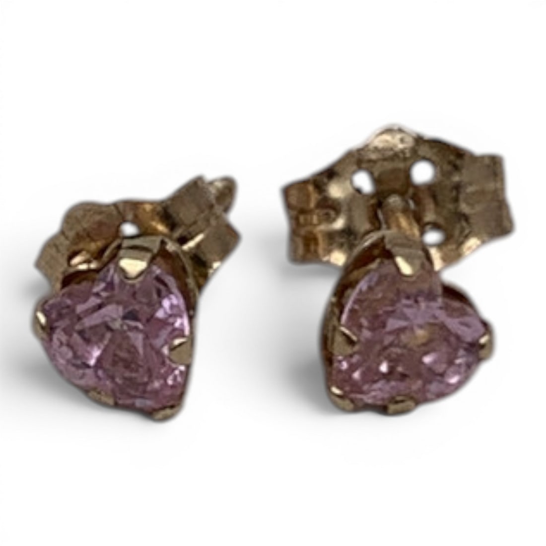 Pair Of 14k Yellow Gold & Pink Stone Earrings: Pair Of 14k Yellow Gold Earrings Featuring A Heart Shaped Pink Stone Marked 14k - 1/8" Diameter - 0.3 Dwt