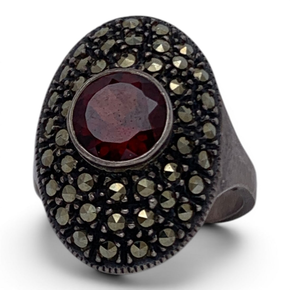 Sterling Silver Marcasite & Red Garnet Ring (1 of 7)