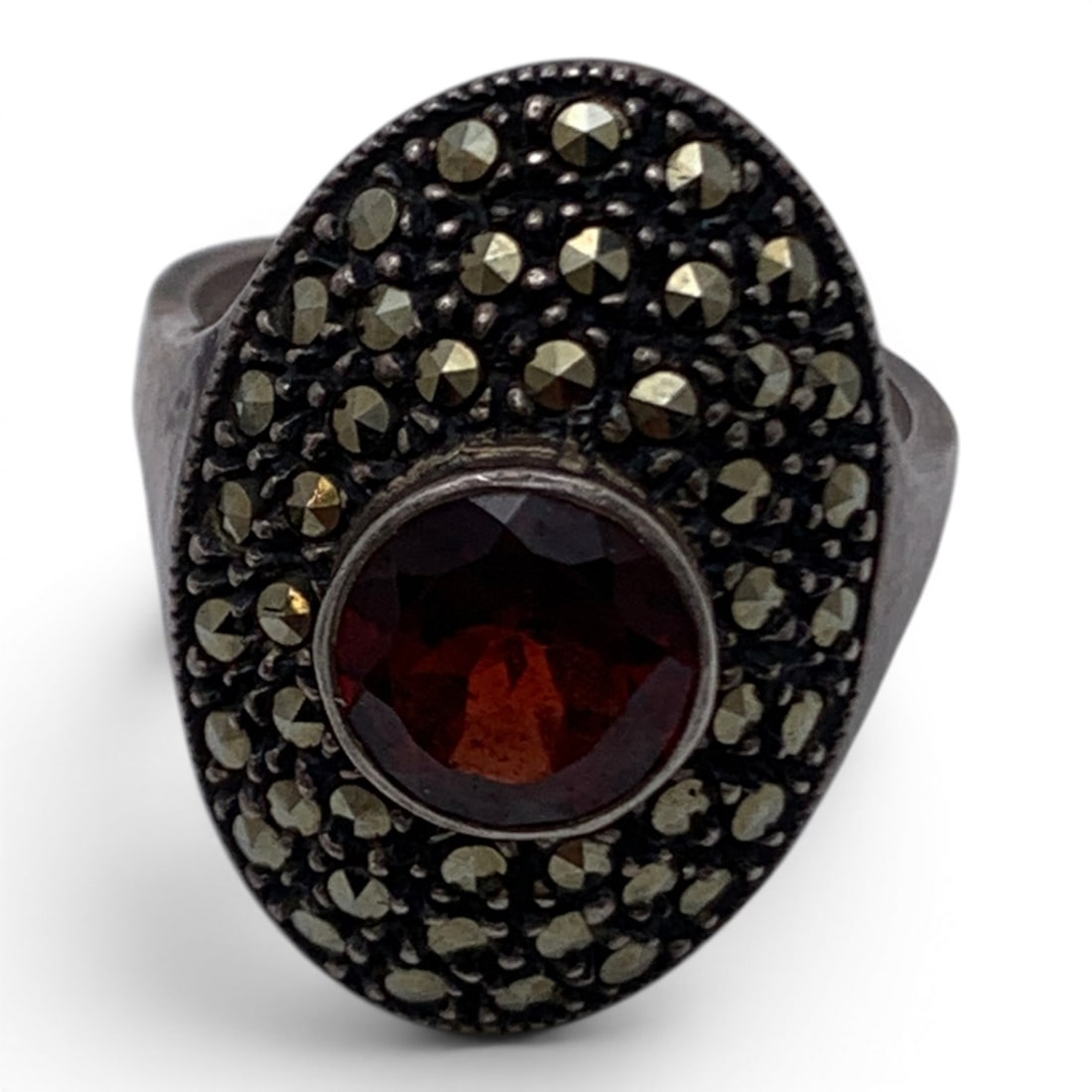 Sterling Silver Marcasite & Red Garnet Ring - 2