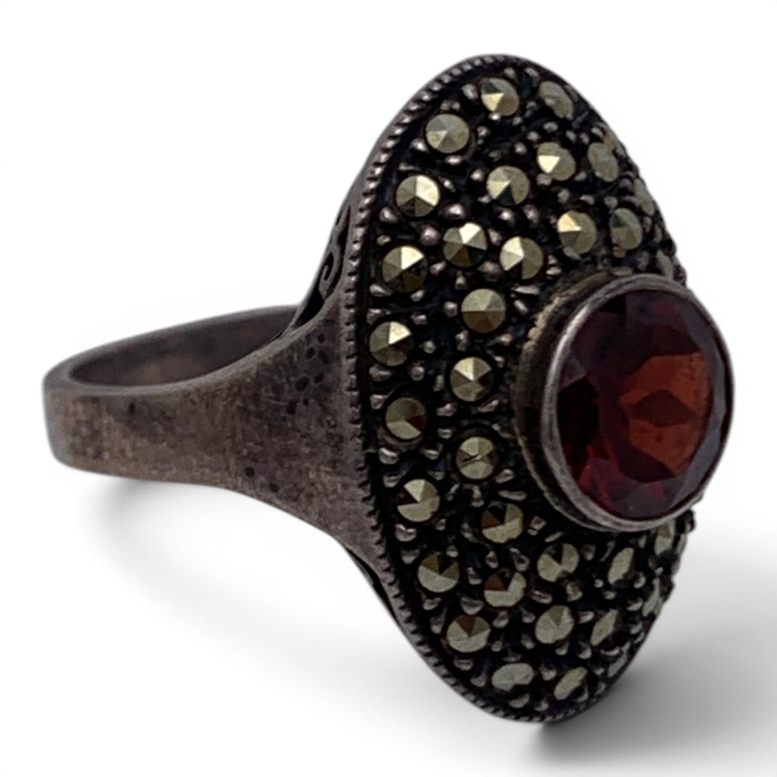 Sterling Silver Marcasite & Red Garnet Ring - 3