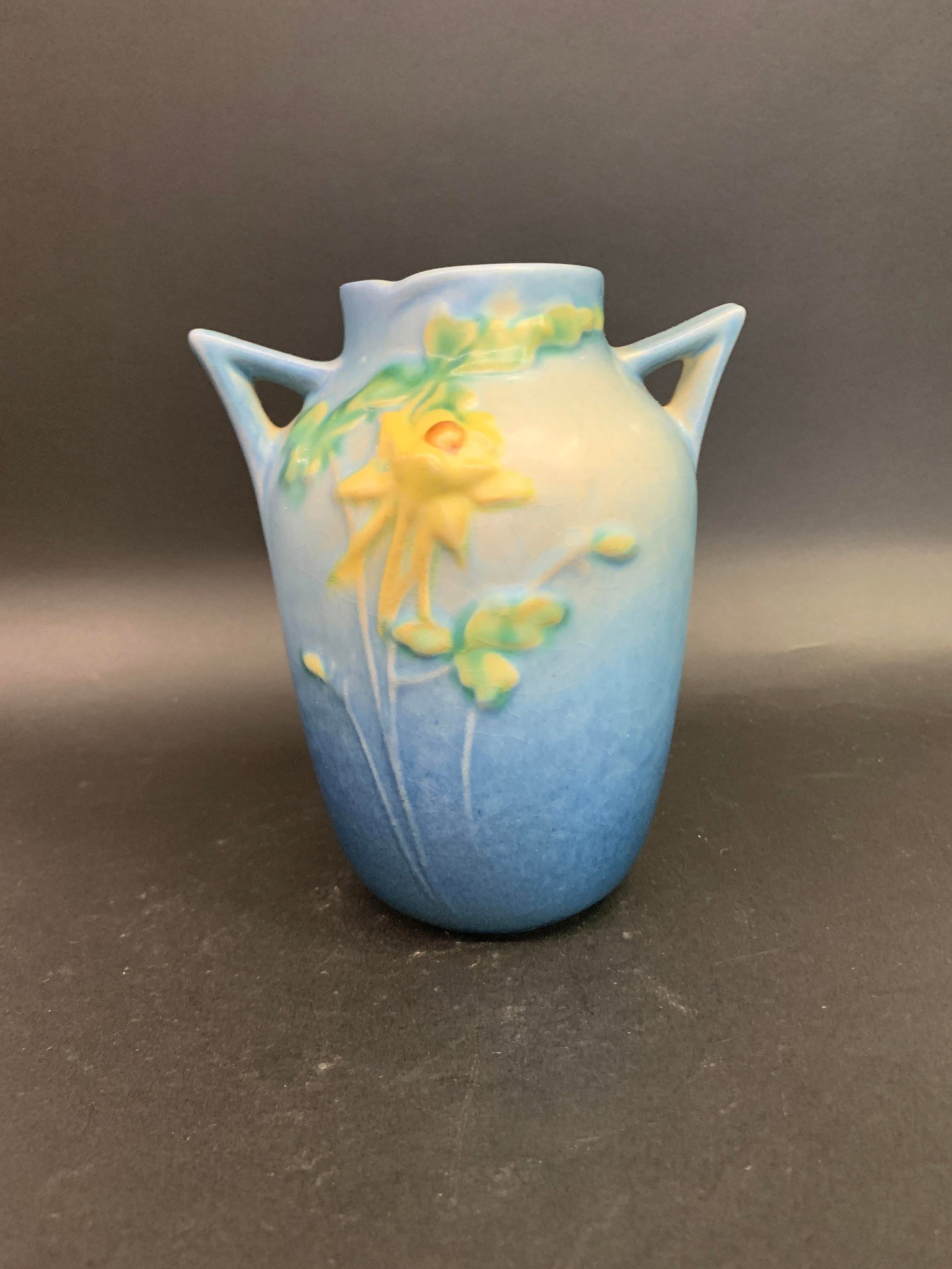 Vintage Roseville Columbine Pottery Vase: Vintage Roseville Pottery Vase In The Blue Columbine Pattern Featuring Double HandlesMarked On Bottom: Roseville Usa, 14-66 1/4" Tall