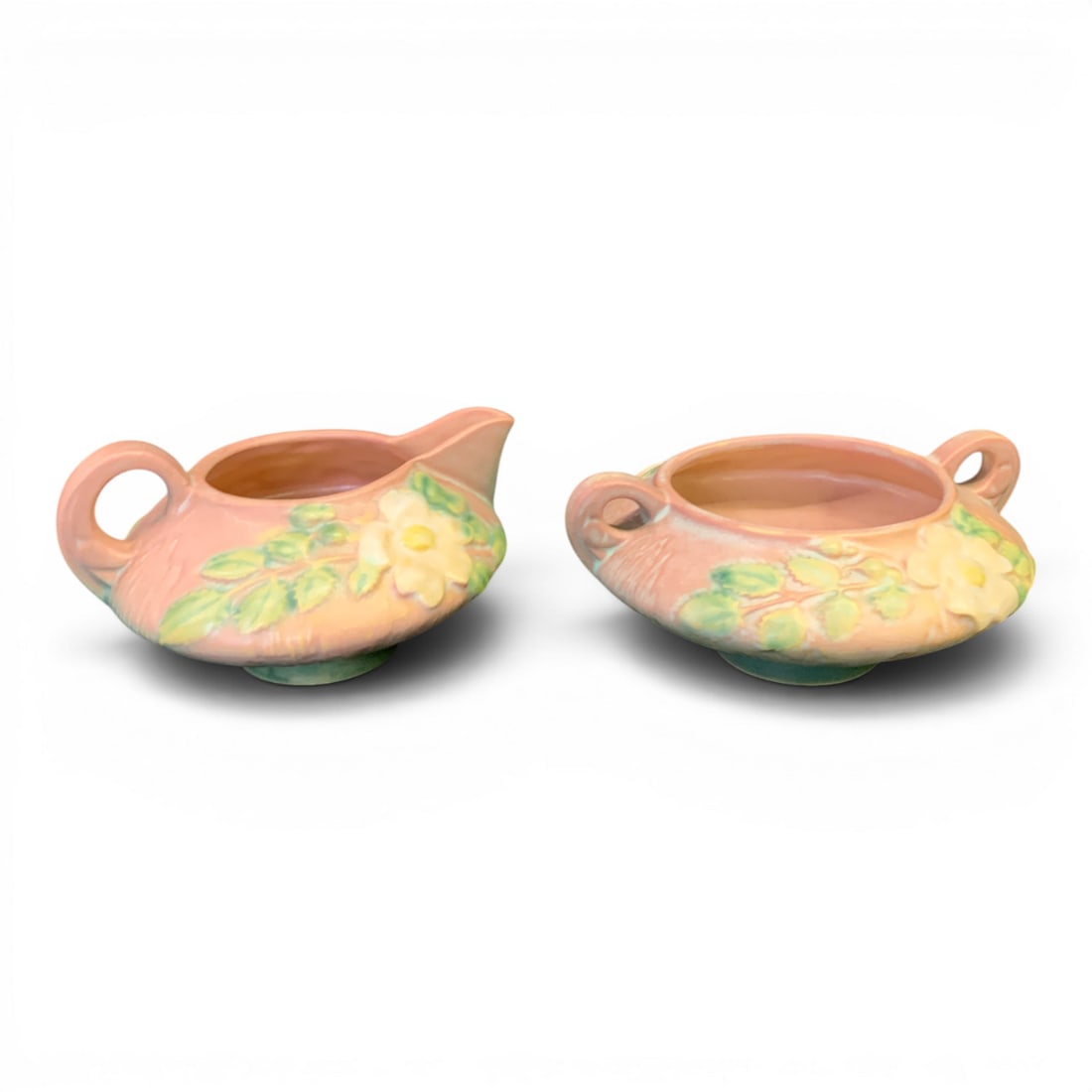 2 Roseville Pottery White Rose Pieces: 2 Roseville Pottery Pieces Featuring The White Rose Pattern On A Pink Glazed BackgroundMarked On Bottom: R Usa6" Long