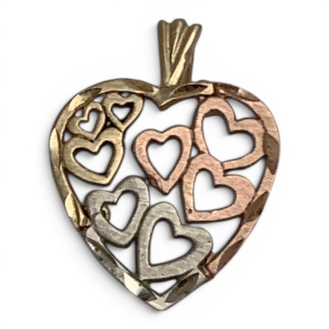 14k Tri Tone Gold Heart Pendant: 14k Tri Tone Gold Pendant Featuring An Open Work Heart DesignMarked: 14k - 7/8" Long - 1.0 Dwt