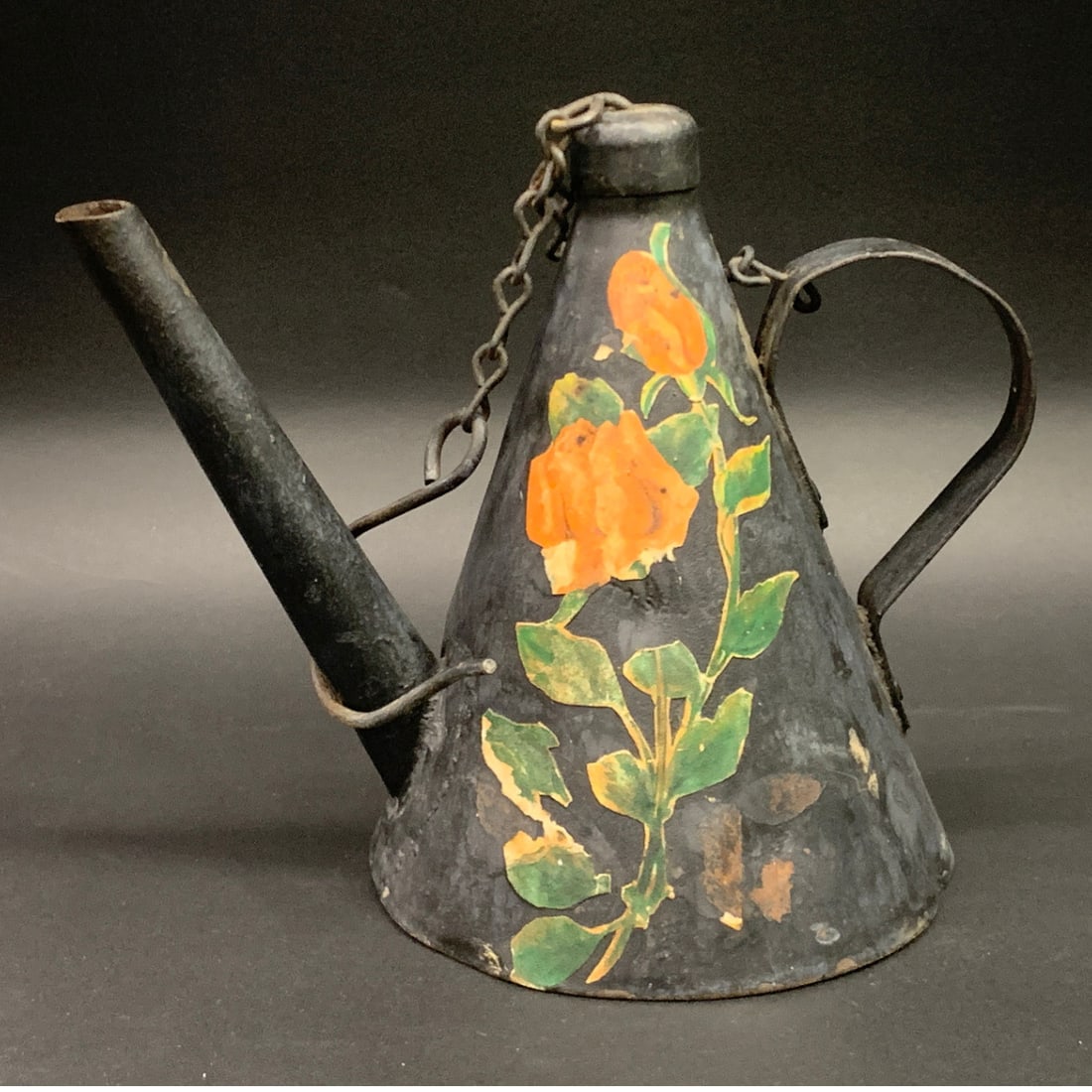 Vintage Folk Art Toleware Tin Can: Vintage Folk Art Toleware Tin Can Featuring A Hand Painted Floral Design7 3/4" Tall