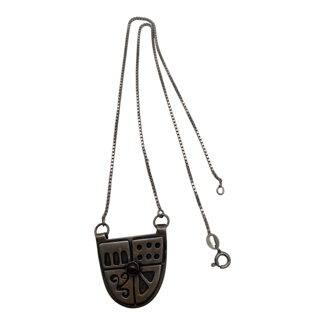 Sterling Silver Box Chain Necklace With Pendant: Sterling Silver Box Chain Necklace Featuring A Sterling Pendant With A Pink StoneMarked 925 - 16 3/4" Long - 8.5 Grams