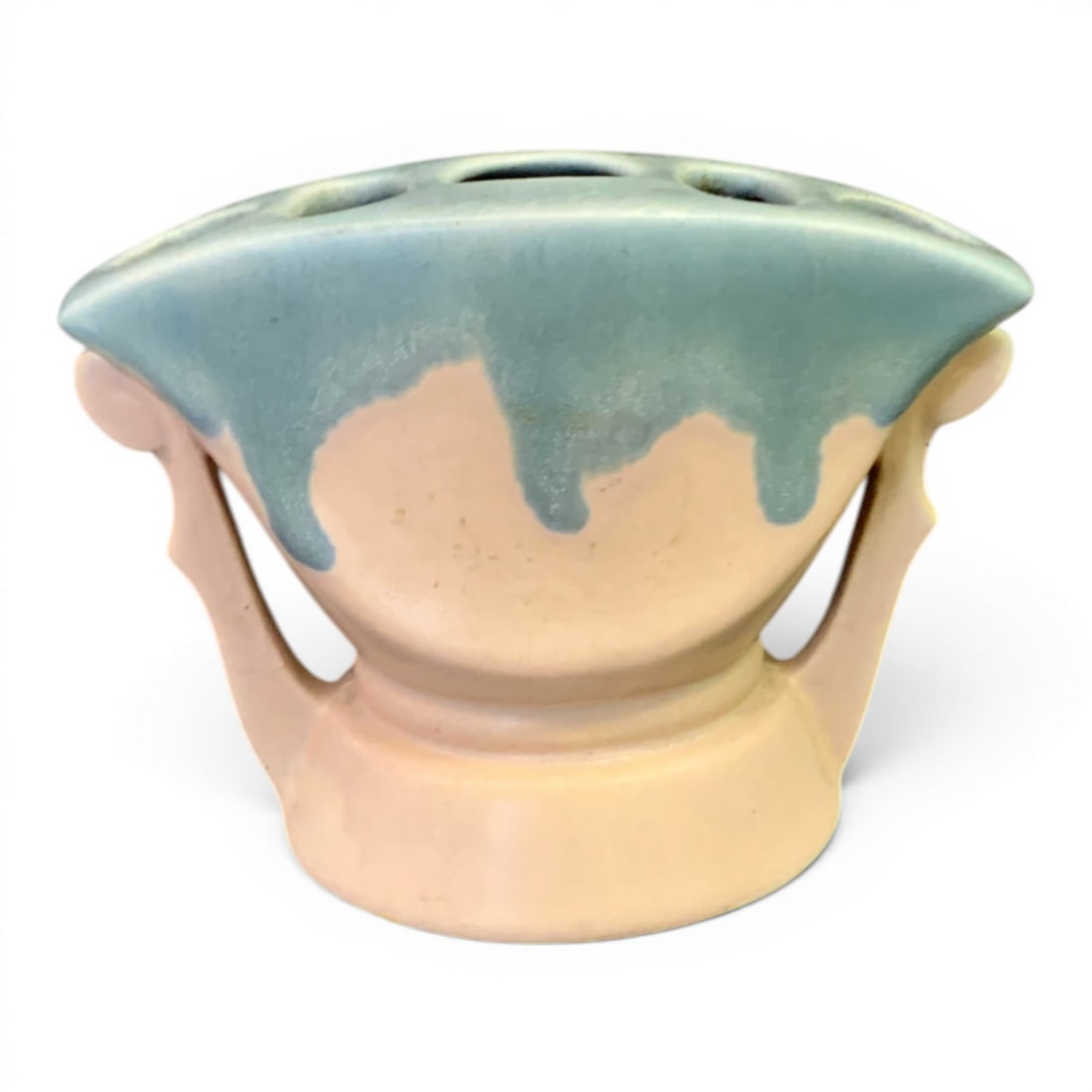 Vintage Roseville Carnelian Pottery Fan Vase: Vintage Roseville Carnelian Pottery Fan Vase Featuring A Matte Teal & Green Drip Glaze Over A Rose Beige BodyBears Mark On Bottom3 1/2" Tall
