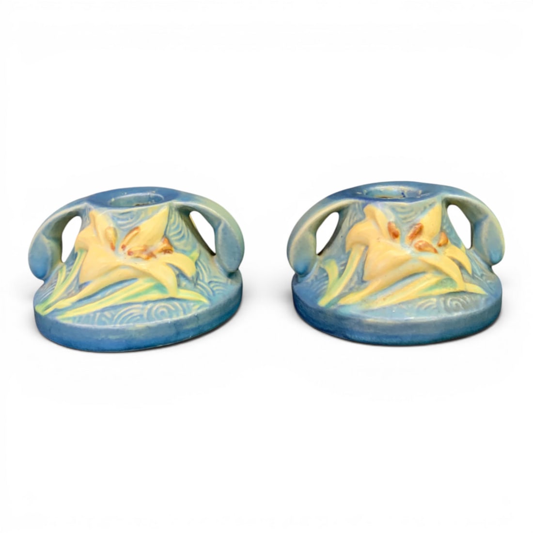 Pair Of Roseville Zephyr Lily Candlestick Holders (1 of 9)