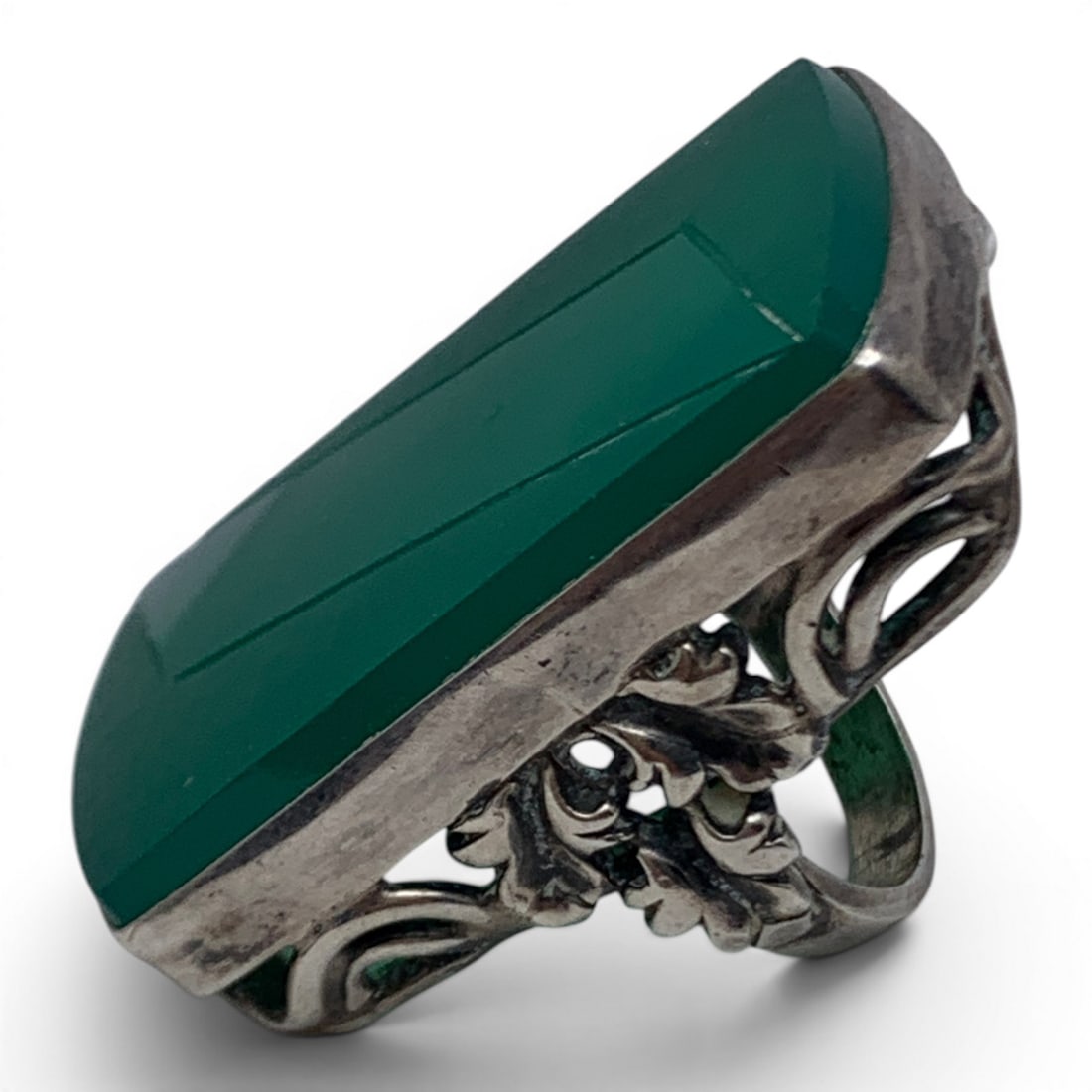 Vintage Silver & Green Stone Ring - 5