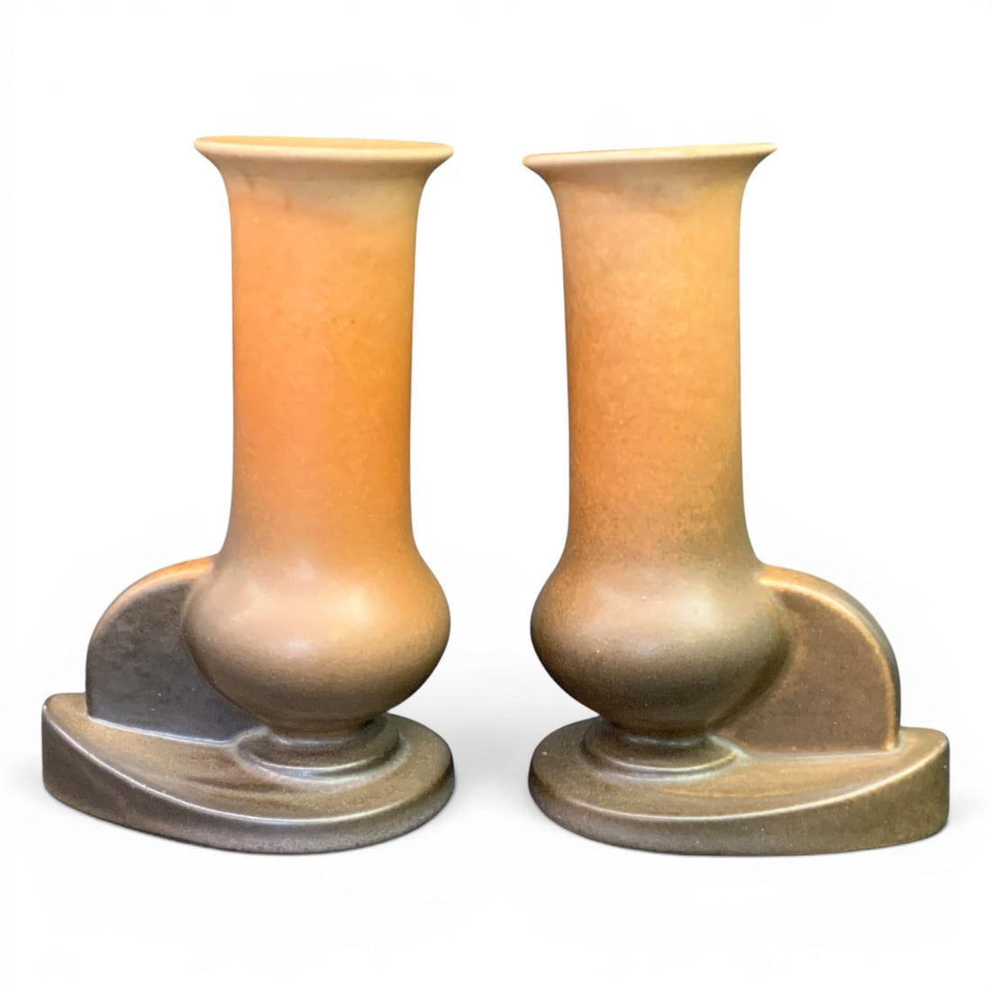 Pair Of Roseville Rozane Ceramic Bud Vases: Pair Of Roseville Rozane Pattern Brown Ceramic Bud VasesMarked On Bottom: Roseville Usa, 2-66 3/8" Tall