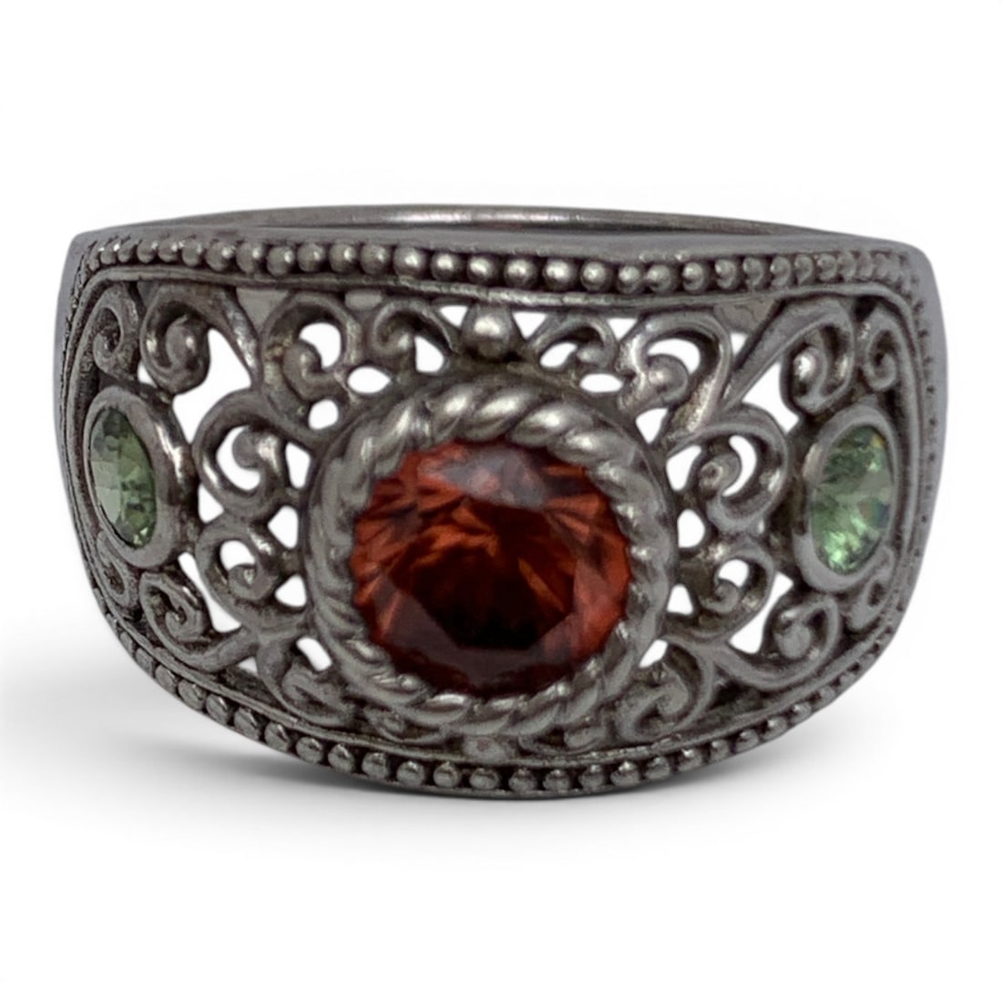 Sterling Silver Ring With Colored Stones: Sterling Silver Ring Featuring Red & Green Gemstones Set On An Open Work Band Marked 925 - Size 10 - 4.9 Grams
