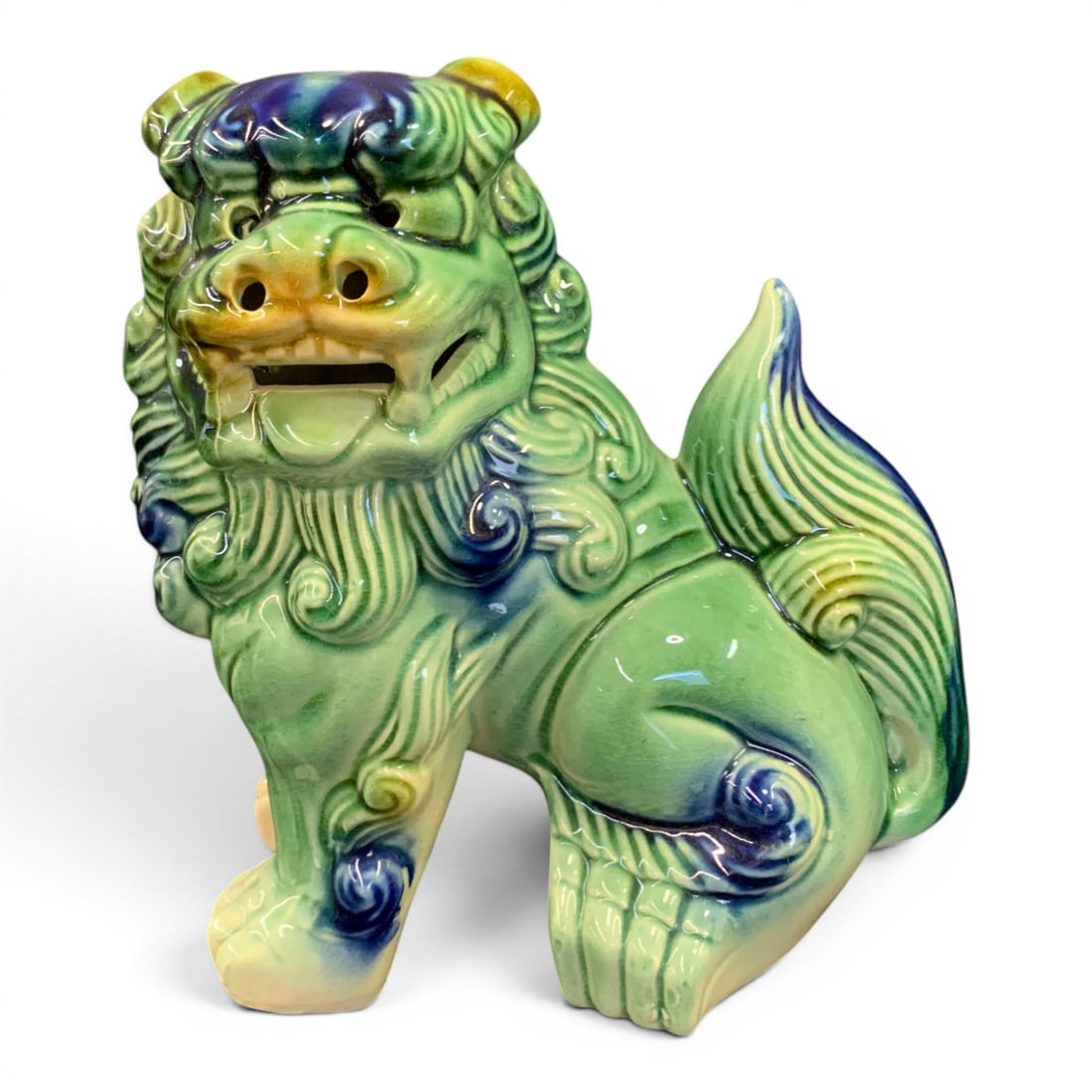 Vintage Majolica Ceramic Foo Dog Figurine: Vintage Mid Century Ceramic Foo Dog Figurine Featuring A Green And Blue Majolica Glaze8 1/2" Tall