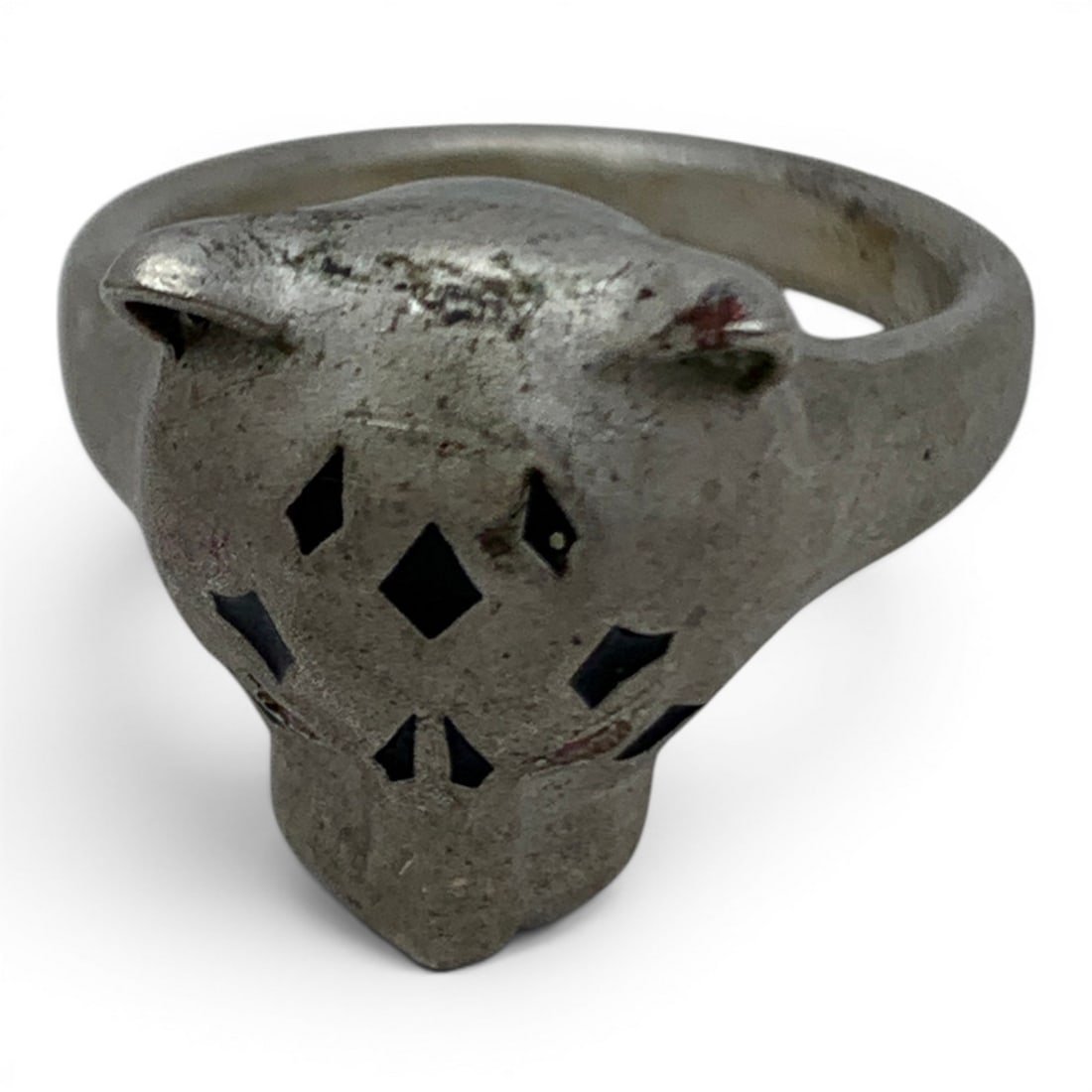 Vintage Silver Enameled Leopards Head Ring - 6