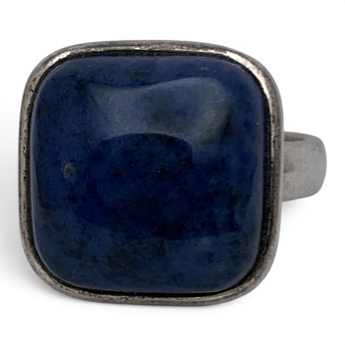 Sterling Silver & Blue Stone Ring: Sterling Silver Ring Featuring A Square Shaped Blue Stone With Black SpotsMarked 925 - Size 10 - 8.5 Grams