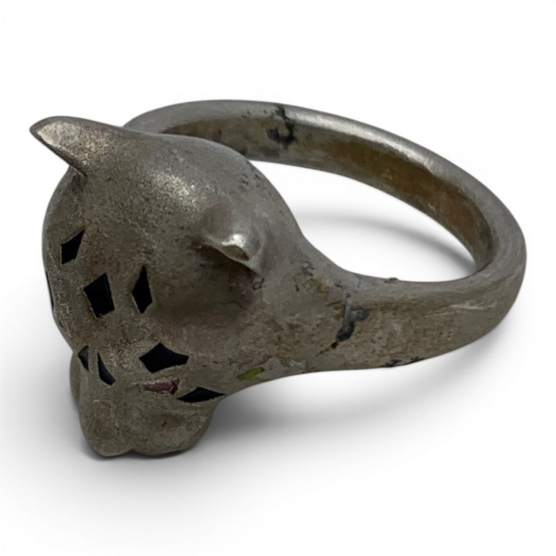 Vintage Silver Enameled Leopards Head Ring - 5
