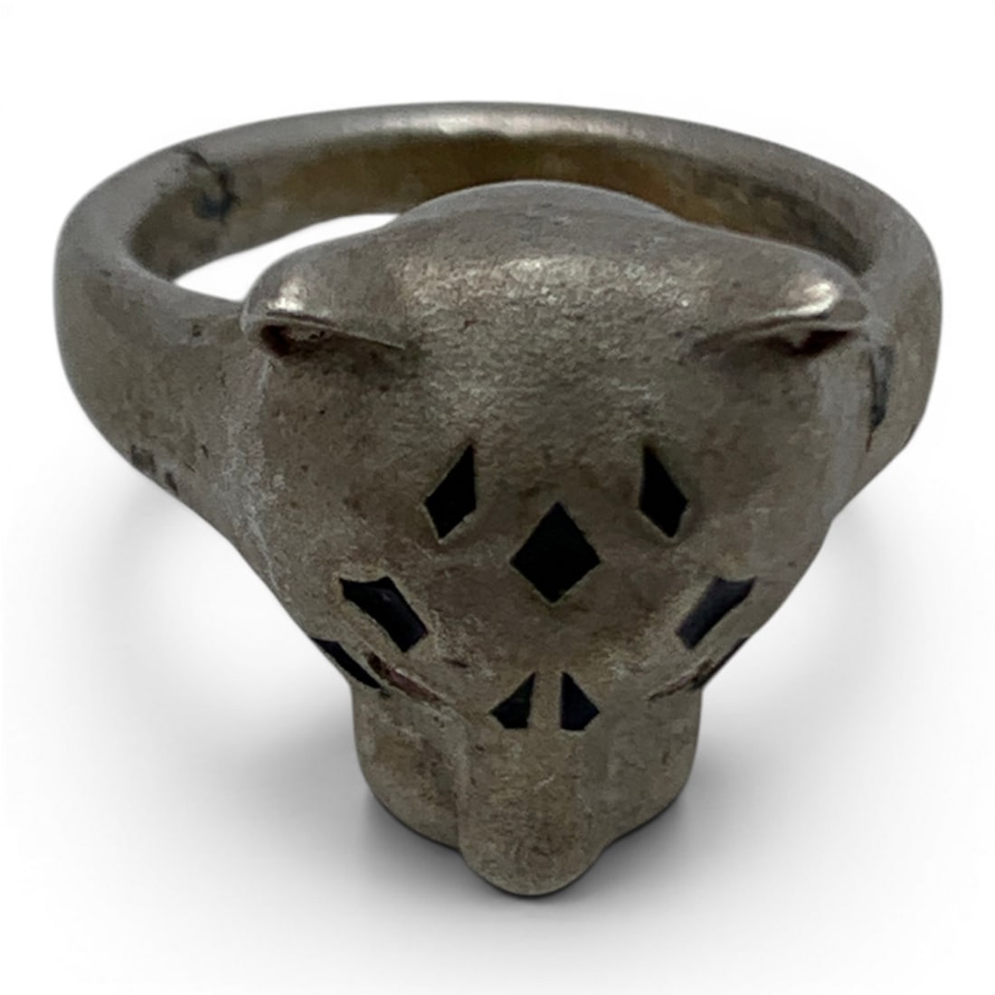 Vintage Silver Enameled Leopards Head Ring - 6