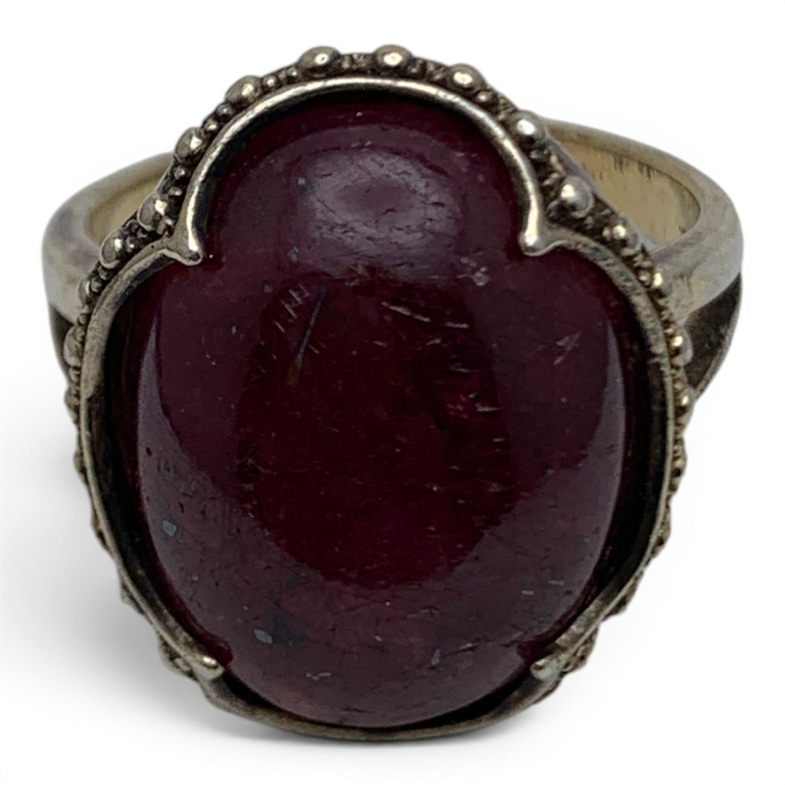 Sterling Silver & Red Cabochon Stone Ring - 2