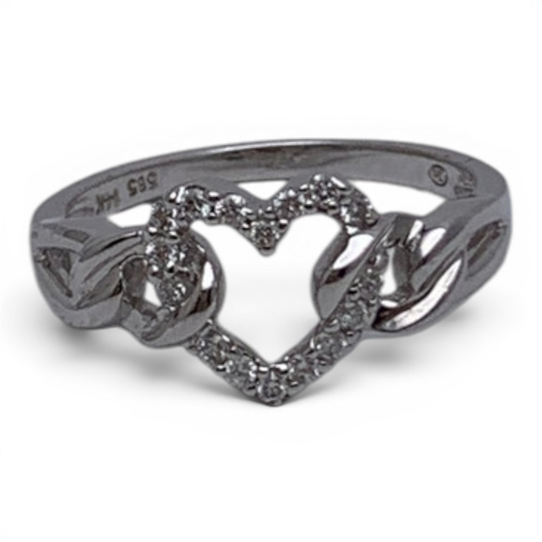 14k White Gold & Diamond Heart Ring: 14k White Gold Ring With An Open Work Heart Design Featuring 16 Round Cut Diamonds Approx. 0.02ct EachMarked 14k - Size 6.5 - 1.7 DwtGemstones Tested With Presidium Gem Tester Il - Berners Does Not